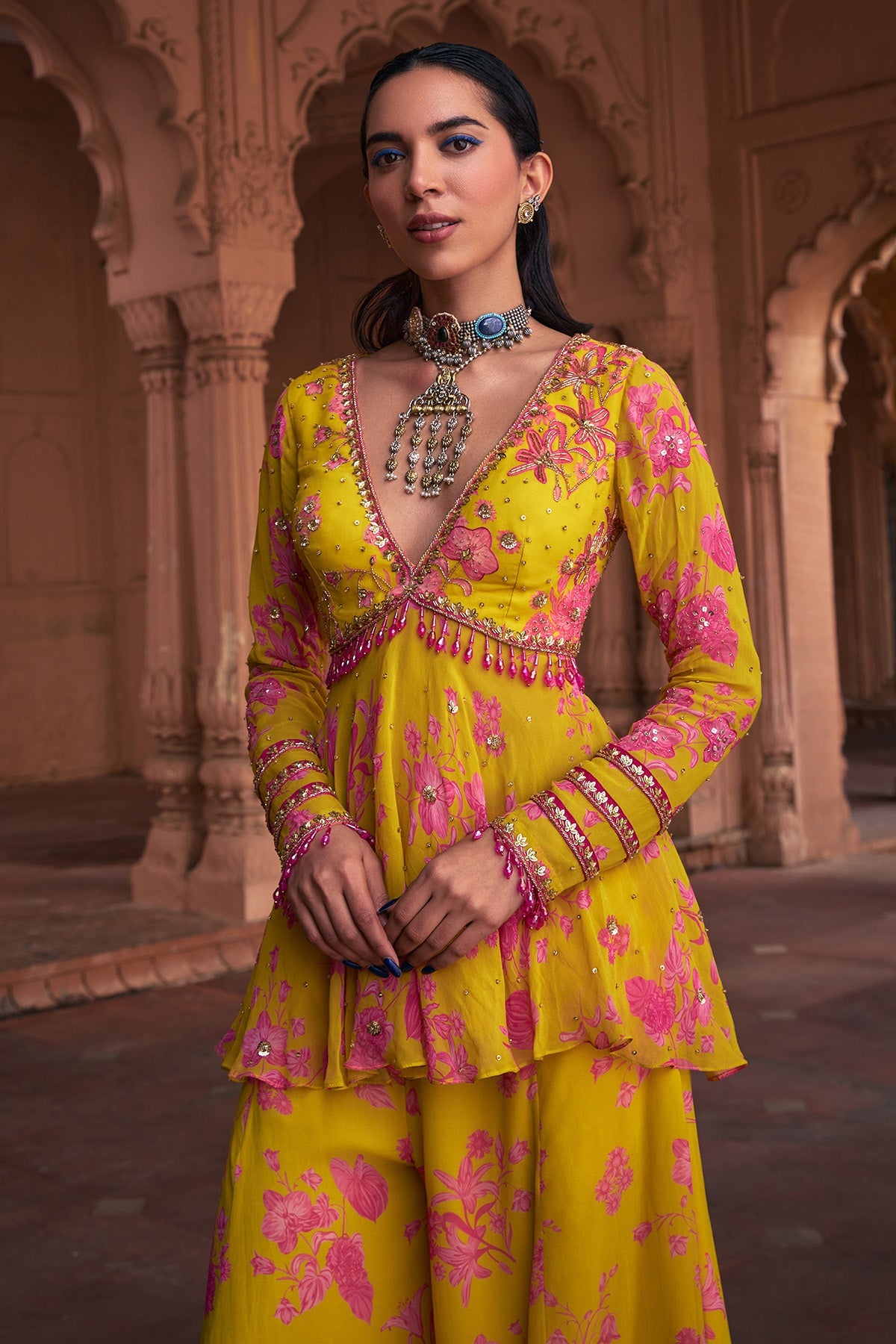 MANGO YELLOW FLORAL PRINT & HIGHLIGHTED PEPLUM SET