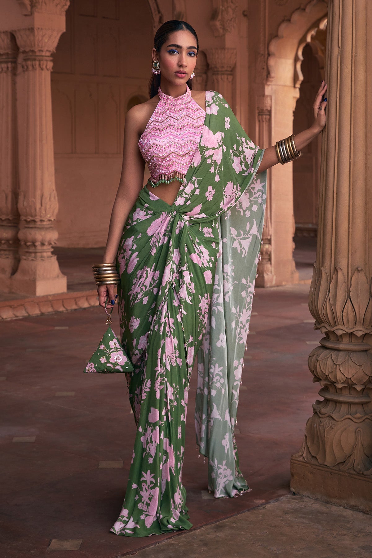 SAGE GREEN FLORAL PRINT & HIGHLIGHTED SAREE SET