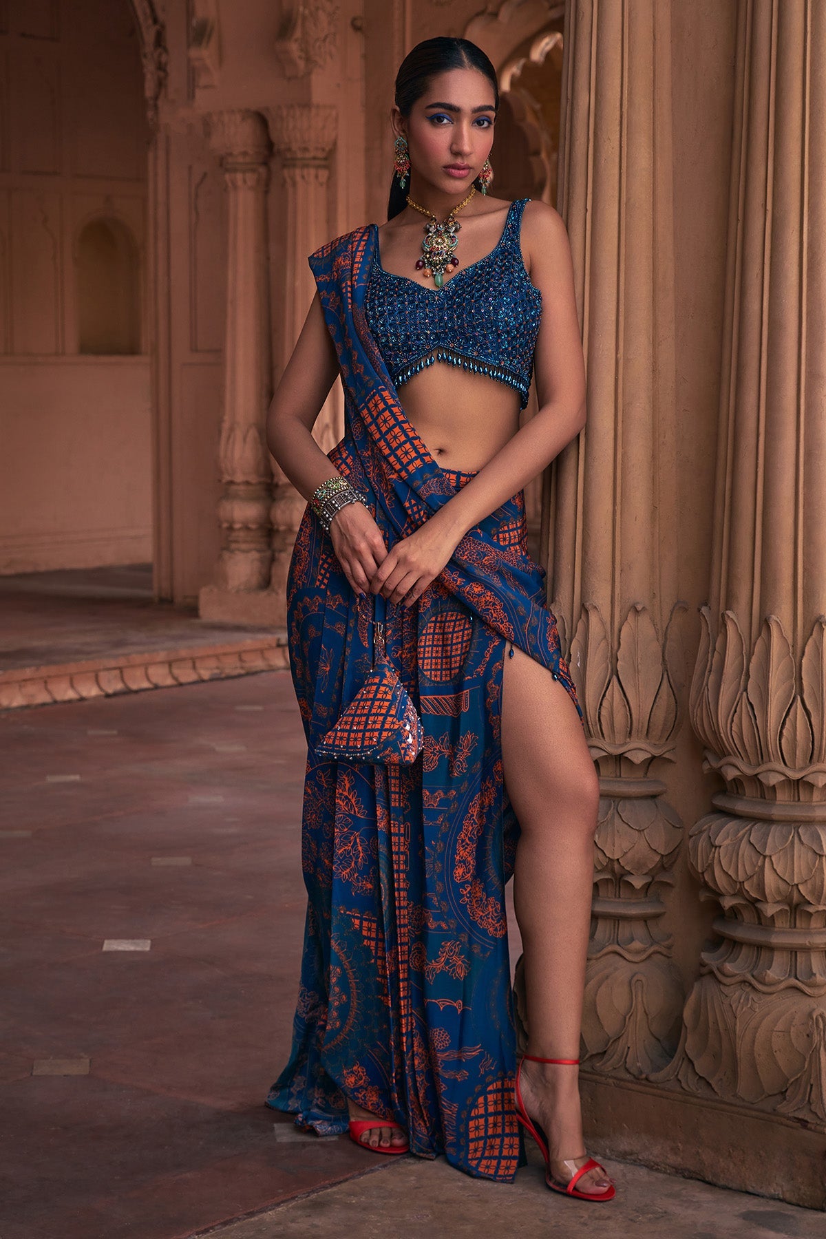 TEAL THIKRI PRINT & EMBROIDERED SAREE SET