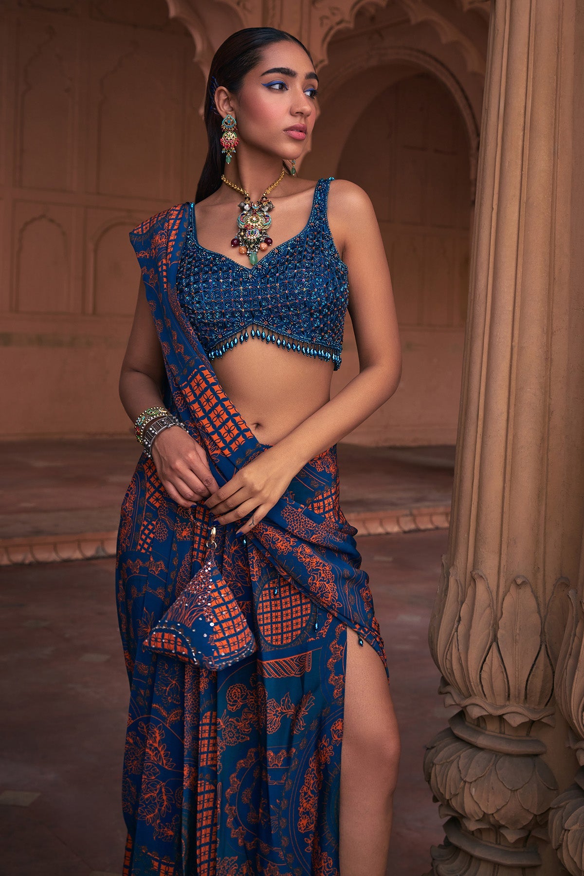 TEAL THIKRI PRINT & EMBROIDERED SAREE SET