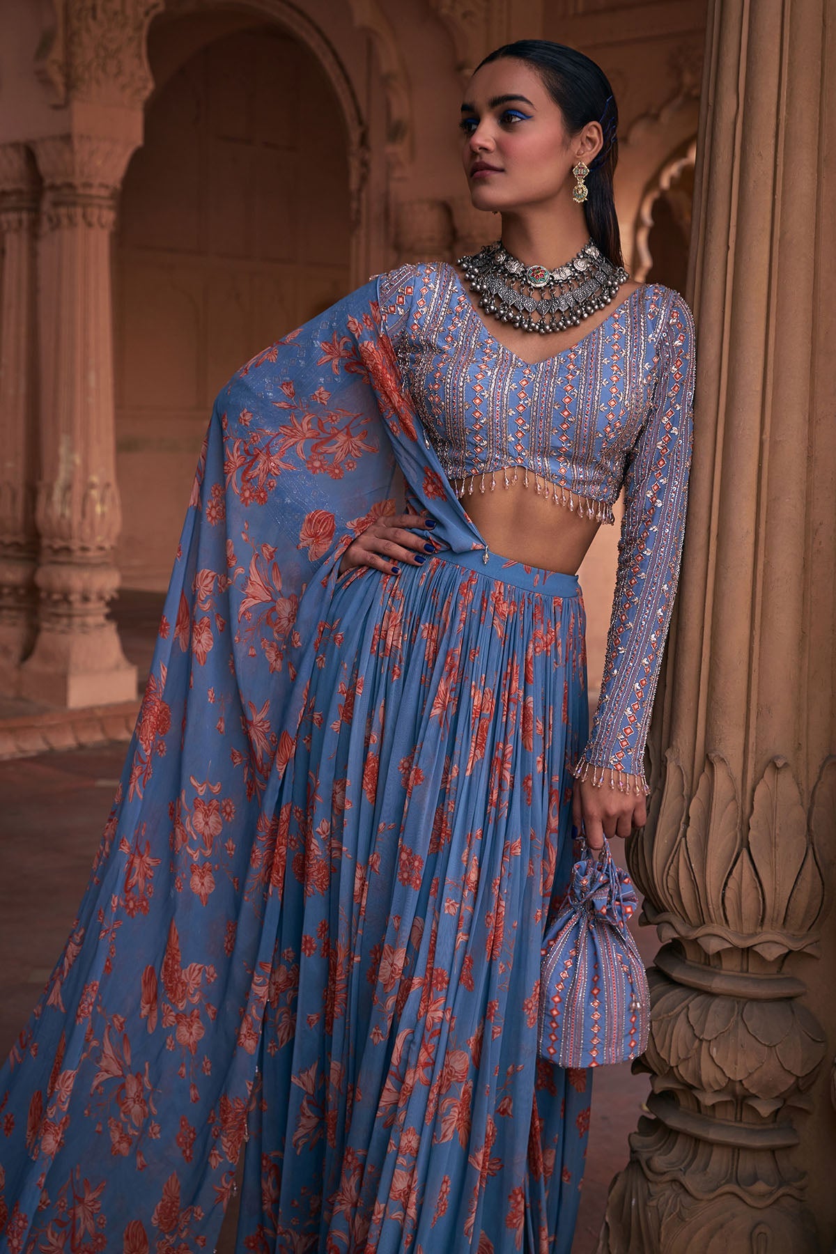SLATE BLUE FLORAL PRINT & HIGHLIGHTED SAREE SET