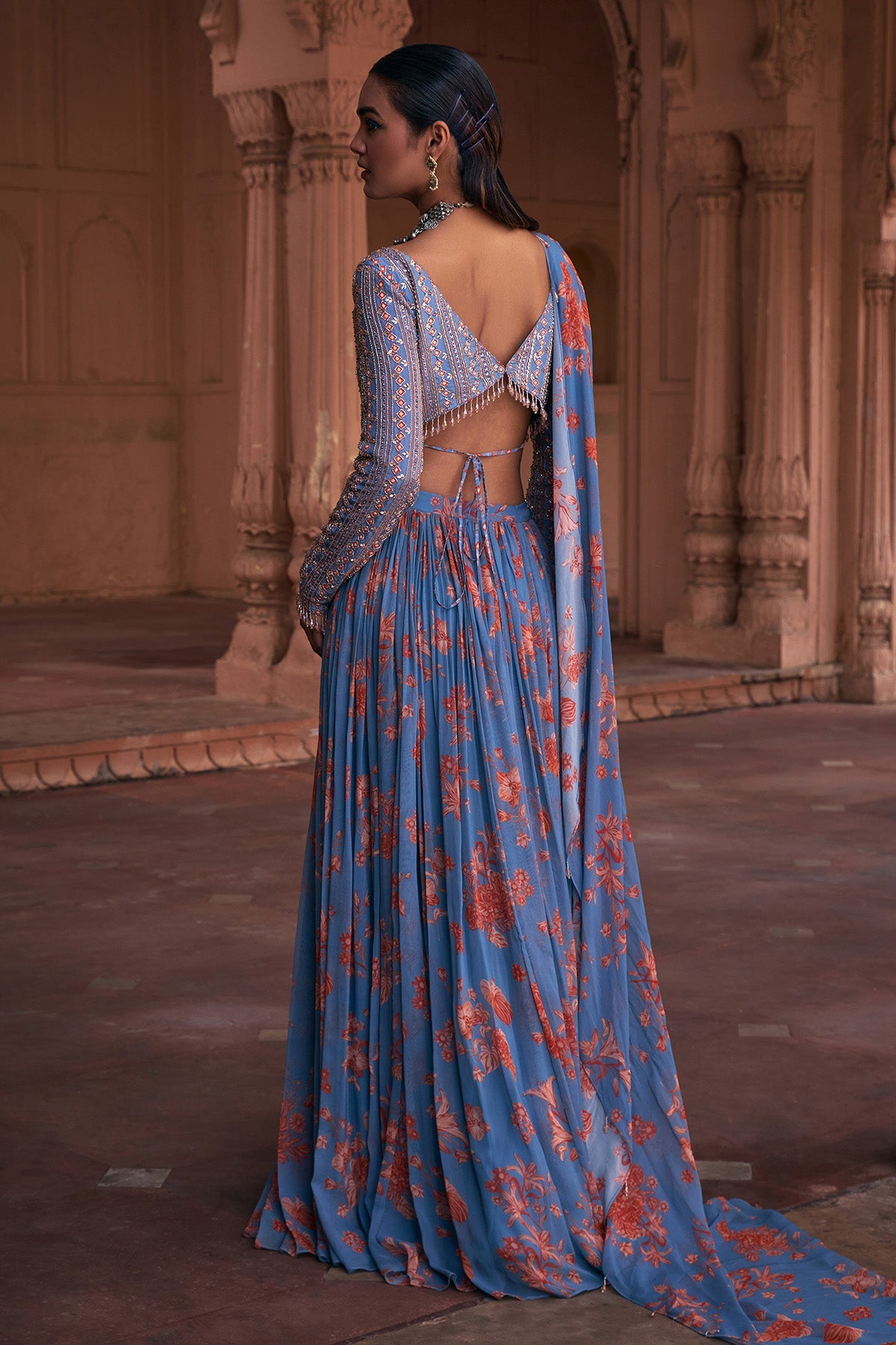 SLATE BLUE FLORAL PRINT & HIGHLIGHTED SAREE SET