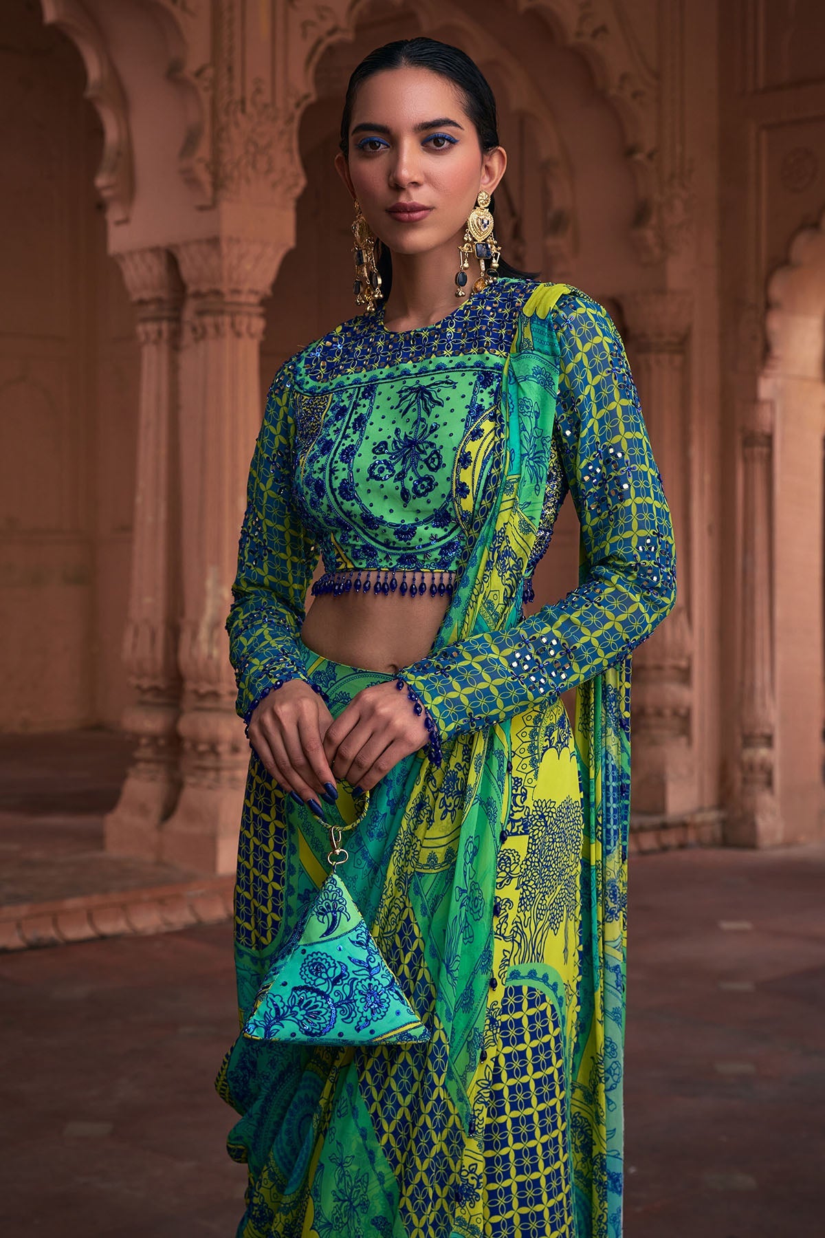 LIME YELLOW THIKRI PRINT & HIGHLIGHTED SAREE SET