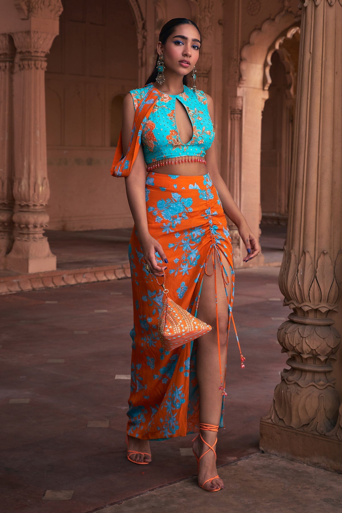 TANGERINE FLORAL PRINT & HIGHLIGHTED CROP TOP SET