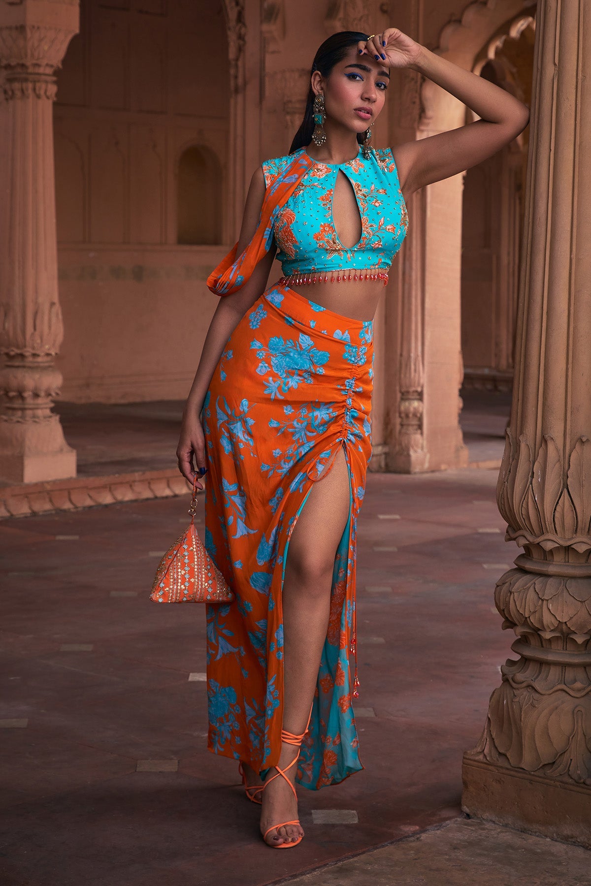 TANGERINE FLORAL PRINT & HIGHLIGHTED CROP TOP SET