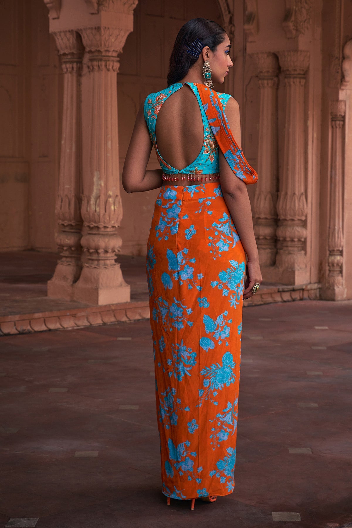 TANGERINE FLORAL PRINT & HIGHLIGHTED CROP TOP SET