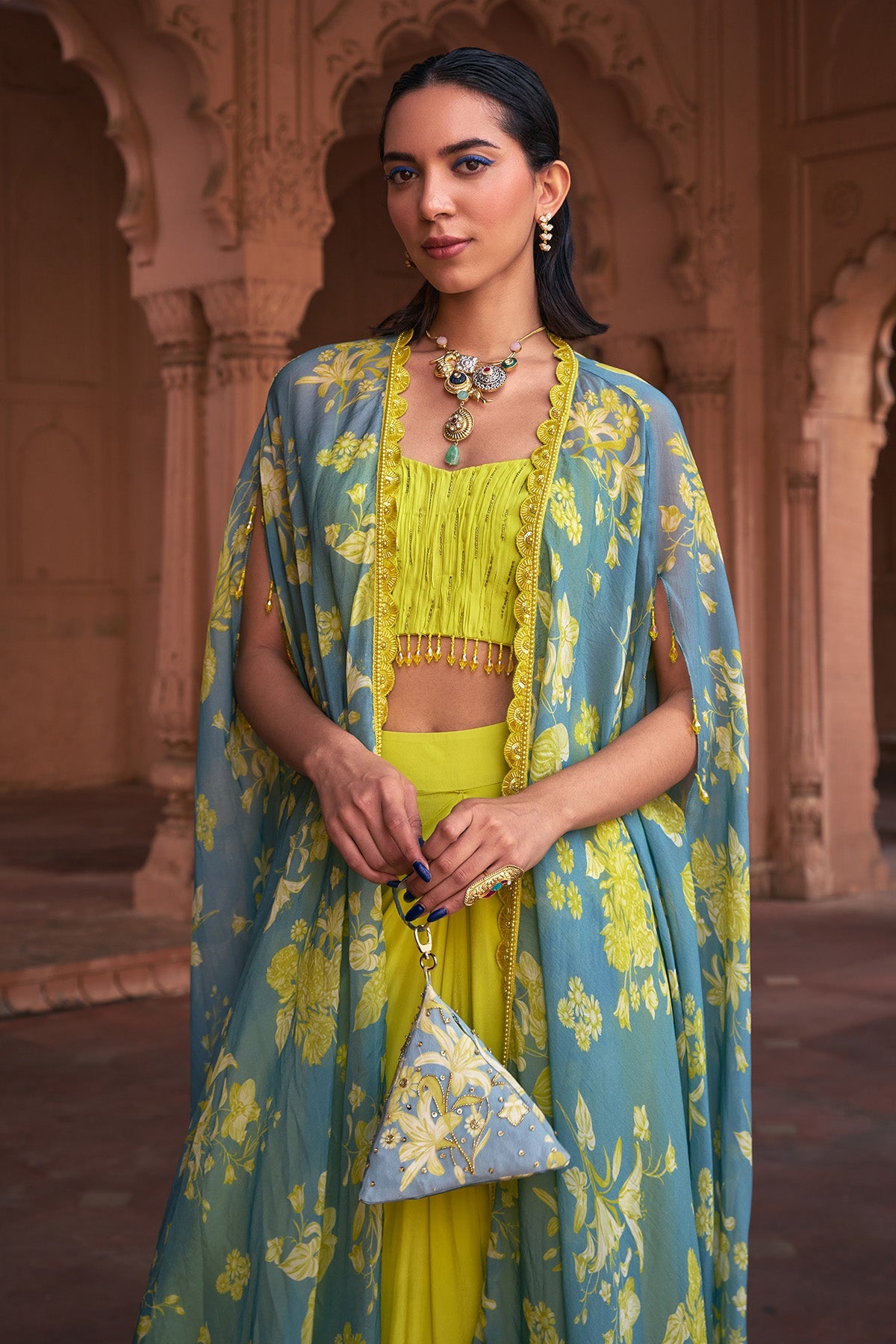 ICE BLUE FLORAL PRINT & HIGHLIGHTED CROP TOP SET