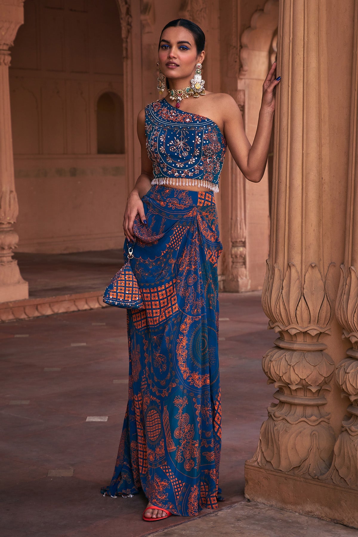 TEAL THIKRI PRINT & HIGHLIGHTED CROP TOP SET