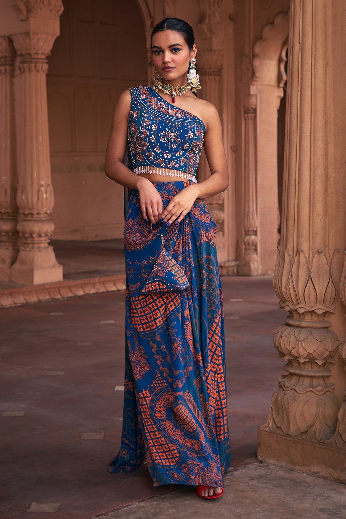 TEAL THIKRI PRINT & HIGHLIGHTED CROP TOP SET