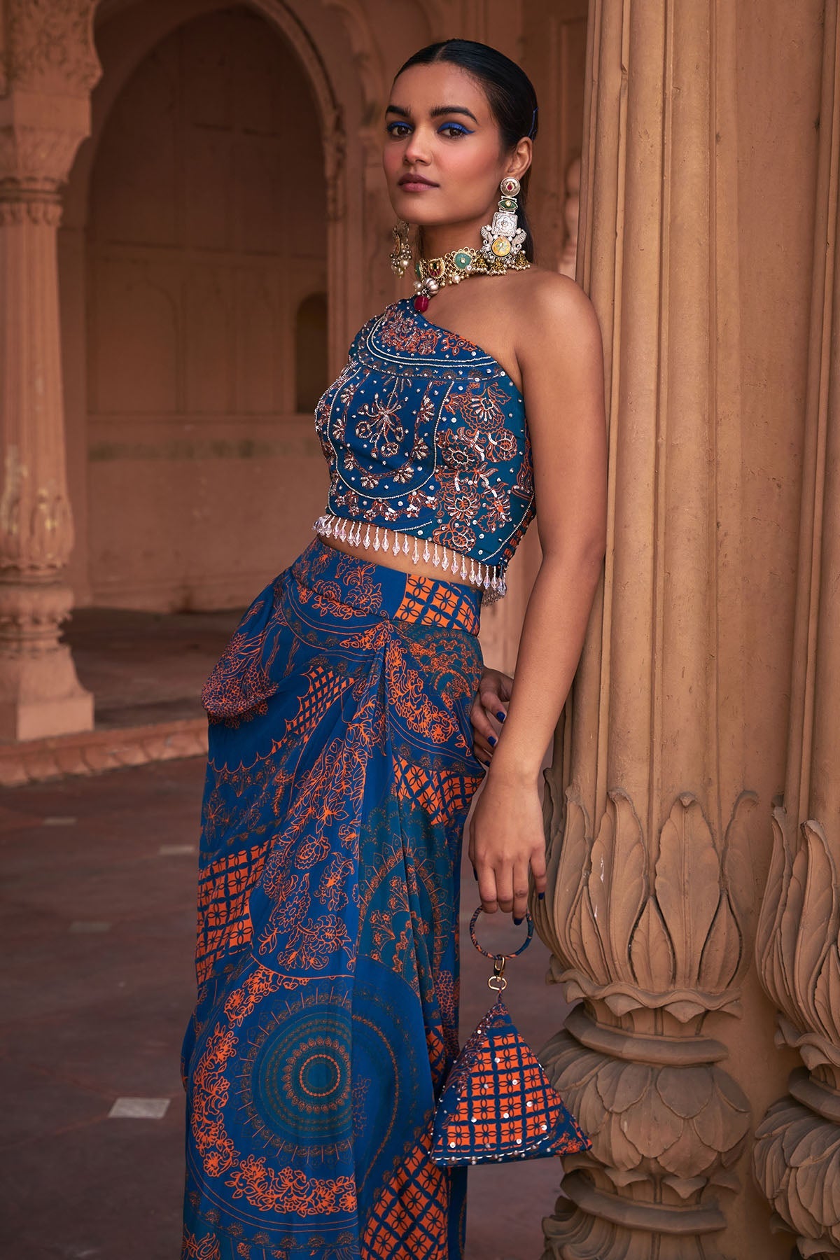 TEAL THIKRI PRINT & HIGHLIGHTED CROP TOP SET