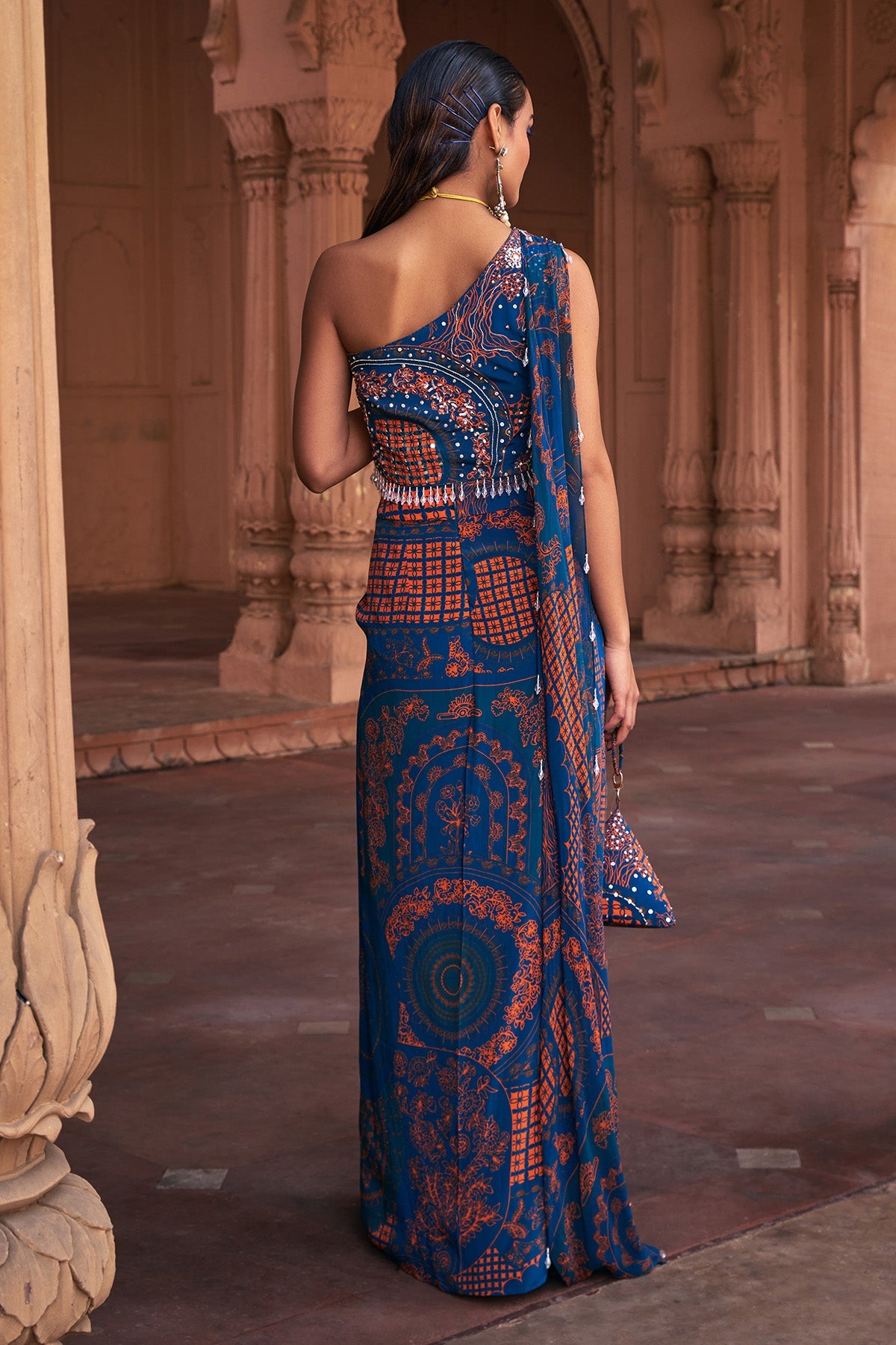 TEAL THIKRI PRINT & HIGHLIGHTED CROP TOP SET