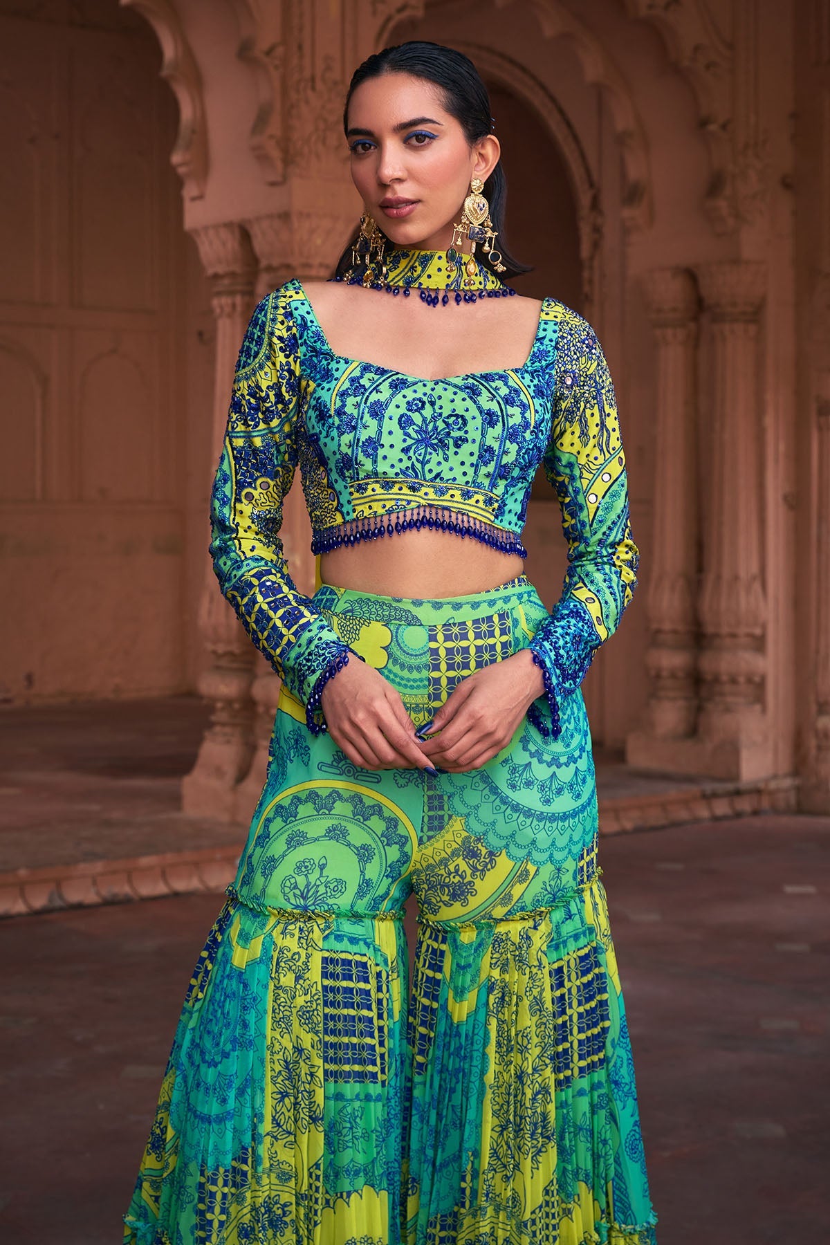 LIME YELLOW THIKRI PRINT & HIGHLIGHTED CROP TOP SET