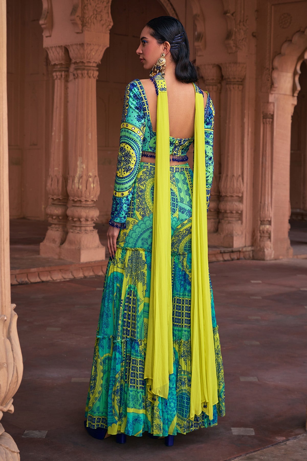 LIME YELLOW THIKRI PRINT & HIGHLIGHTED CROP TOP SET