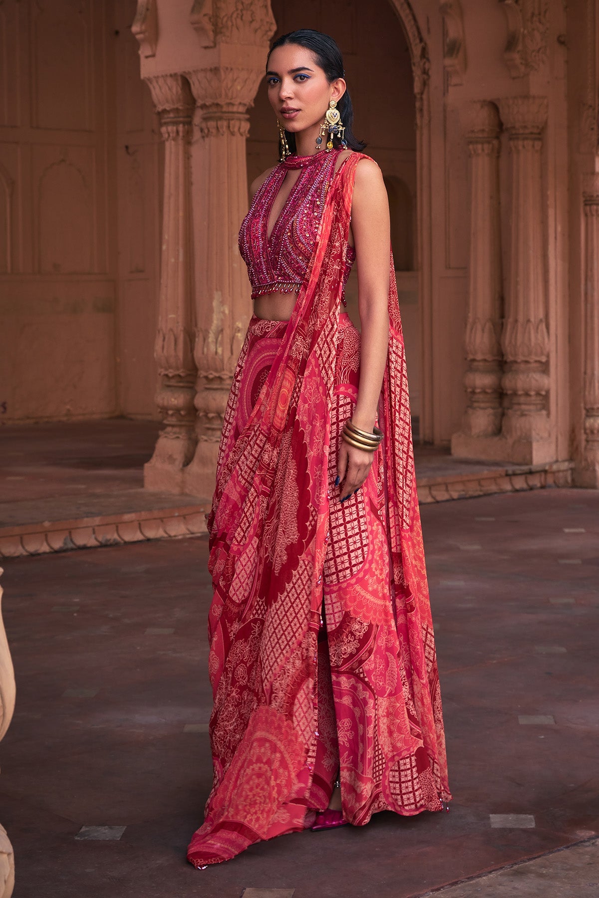 MAROON THIKRI PRINT & HIGHLIGHTED SAREE SET