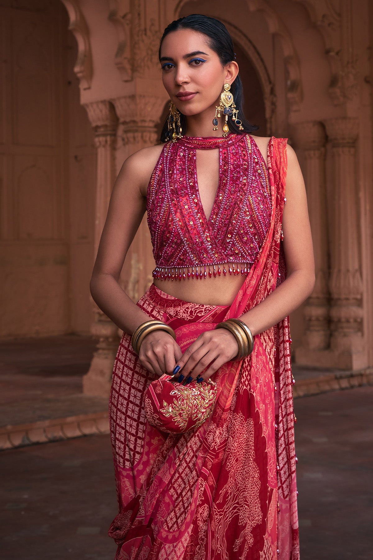 MAROON THIKRI PRINT & HIGHLIGHTED SAREE SET