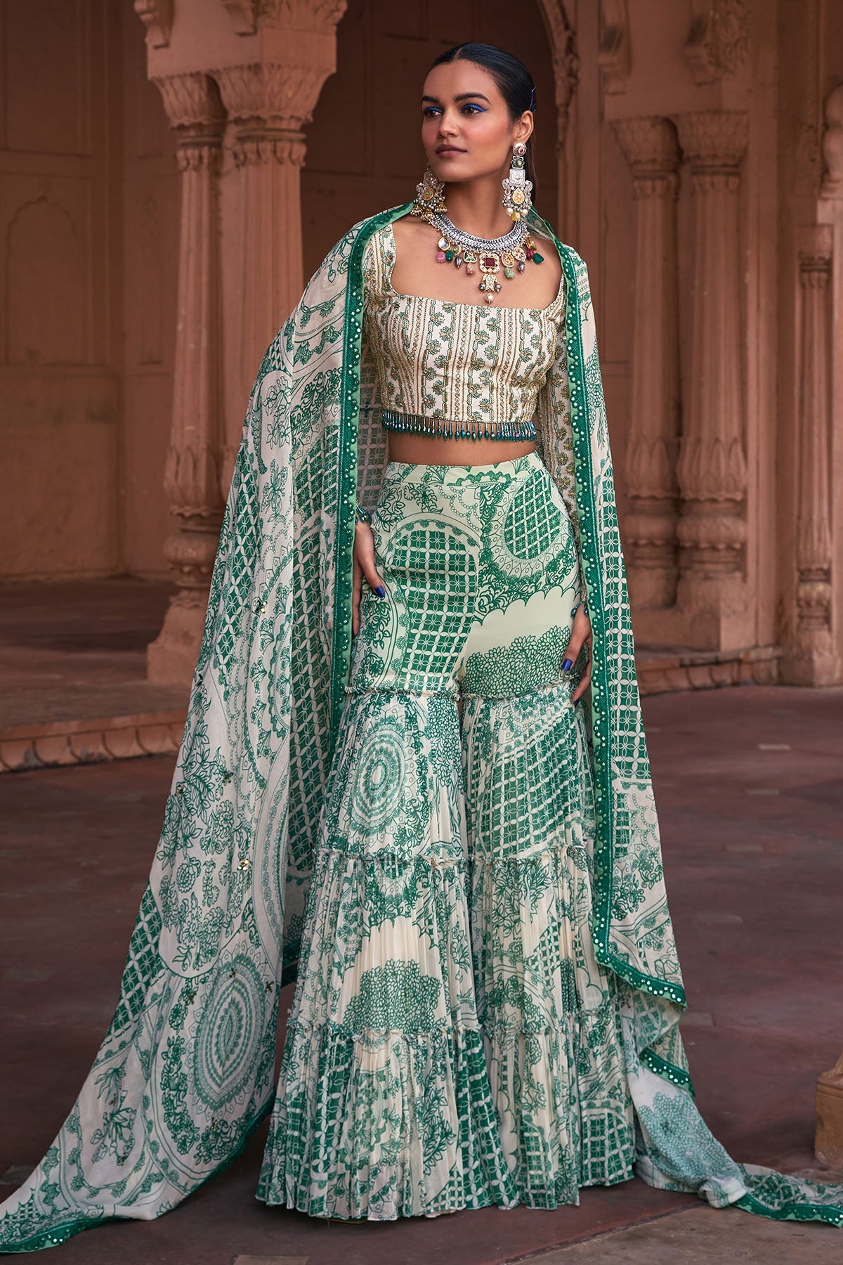 DARK GREEN THIKRI PRINT & HIGHLIGHTED CROP TOP SET