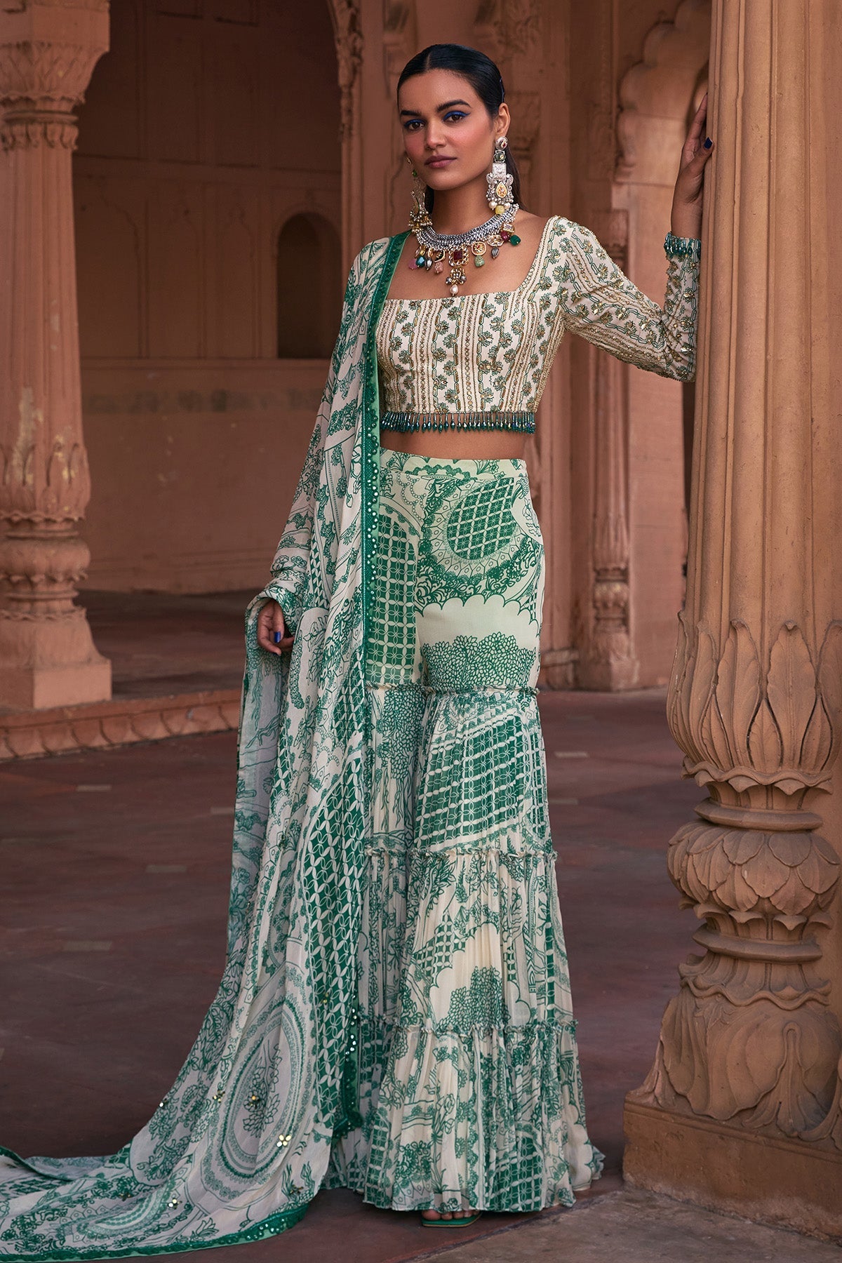 DARK GREEN THIKRI PRINT & HIGHLIGHTED CROP TOP SET