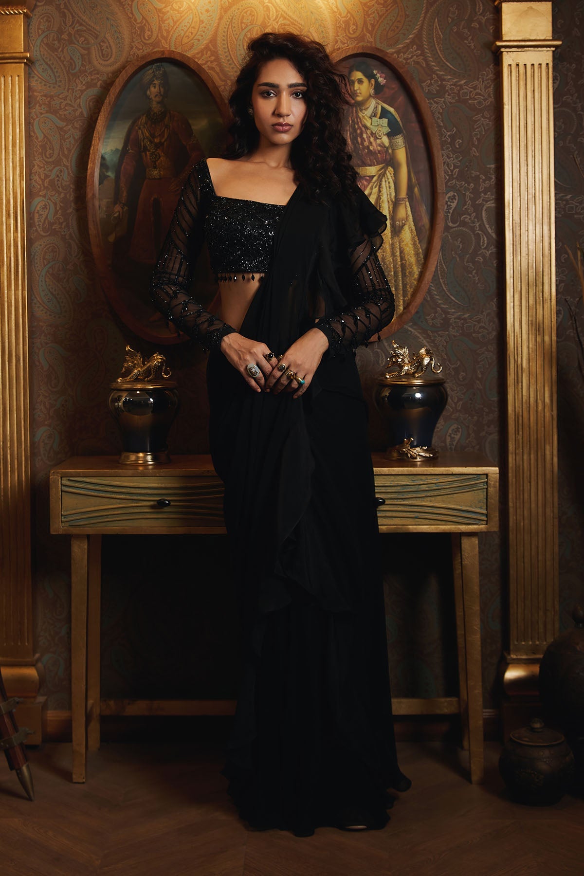 BLACK ORGANZA RUFFLE SAREE SET - Ready To Ship