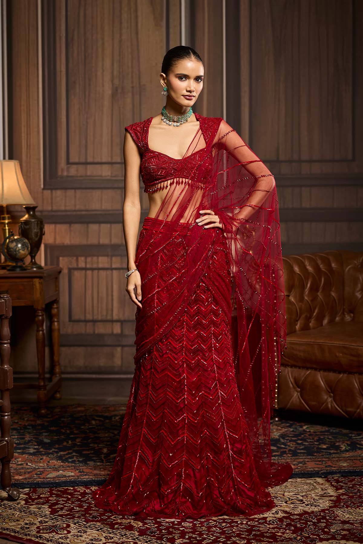 Red Embellished Draped Pre-Draped Skirt Saree Set