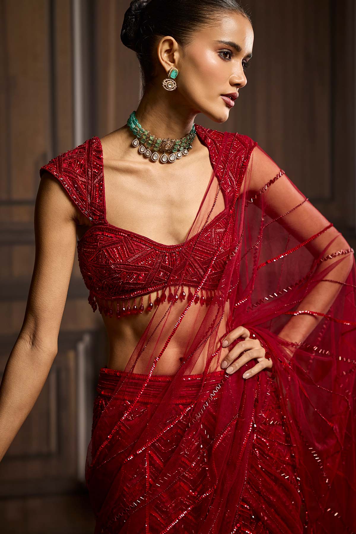 Red Embellished Draped Pre-Draped Skirt Saree Set