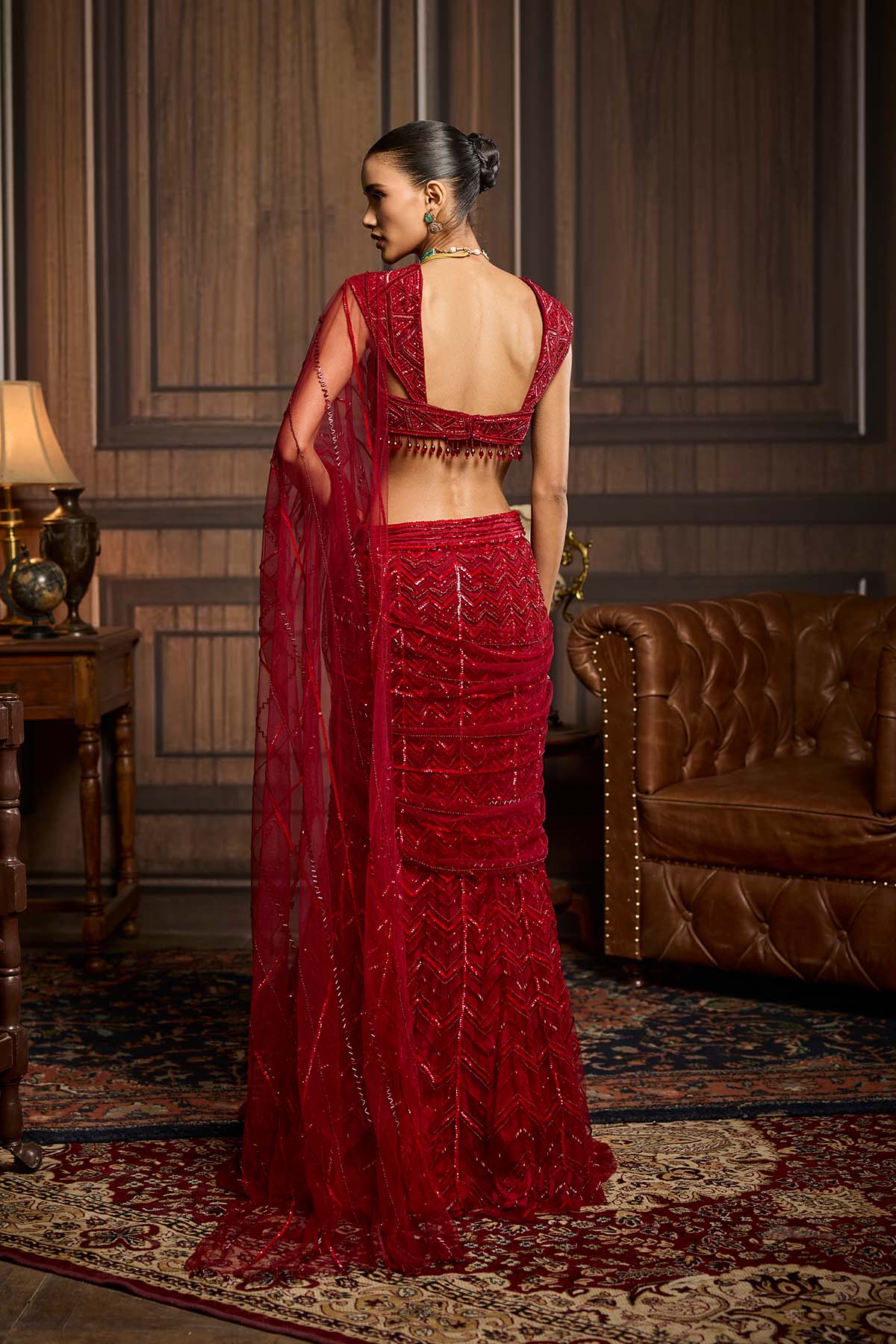 Red Embellished Draped Pre-Draped Skirt Saree Set