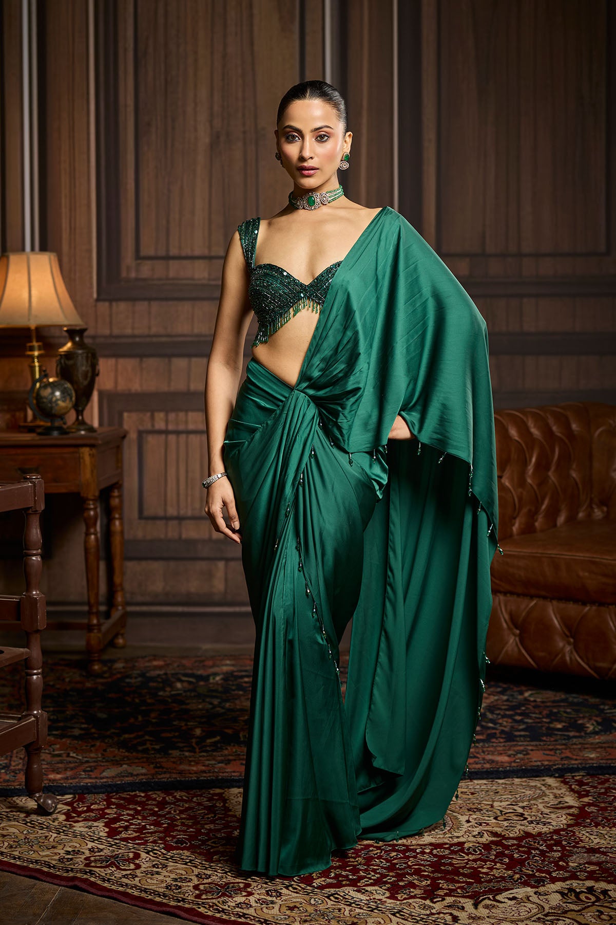 Emerald Green Embellished Blouse And Pre-Draped Dhoti Saree Set