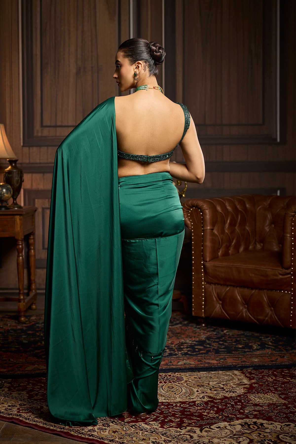 Emerald Green Embellished Blouse And Pre-Draped Dhoti Saree Set