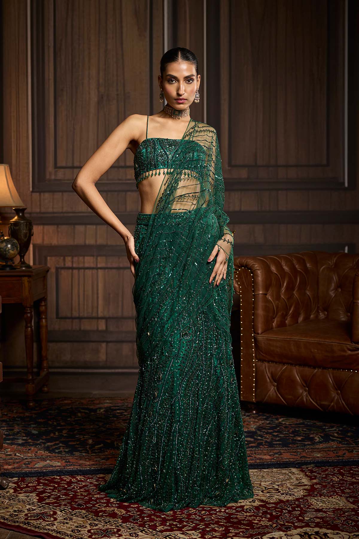 Emerald Green Embellished Blouse And Pre-Draped Saree Set