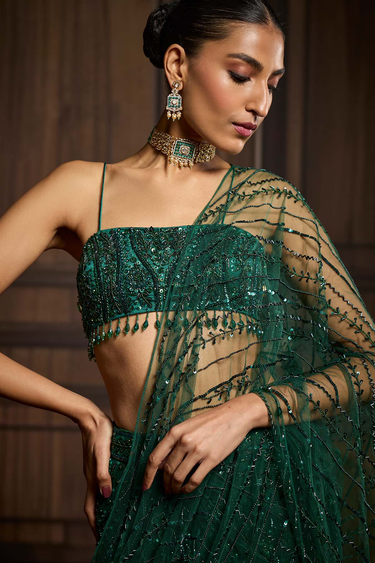 Emerald Green Embellished Blouse And Pre-Draped Saree Set