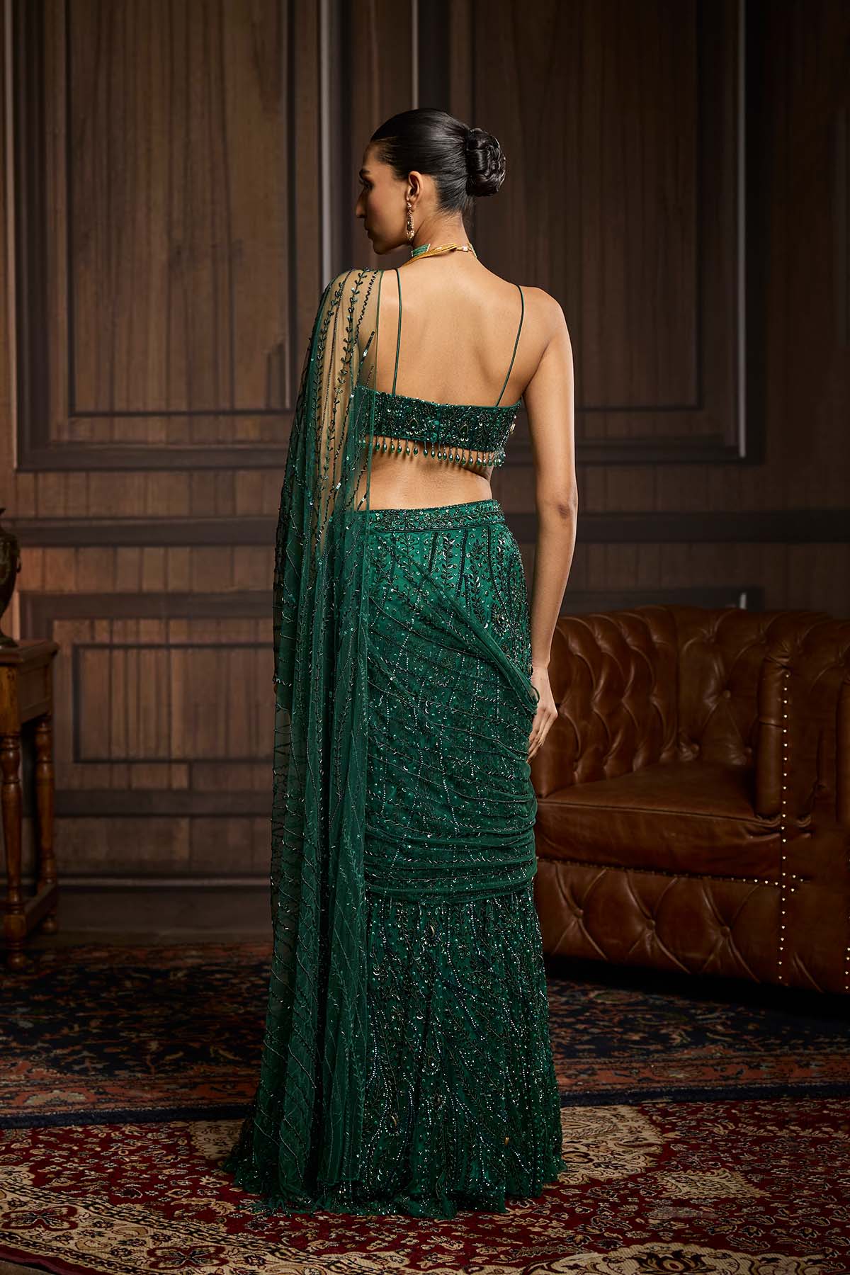 Emerald Green Embellished Blouse And Pre-Draped Saree Set