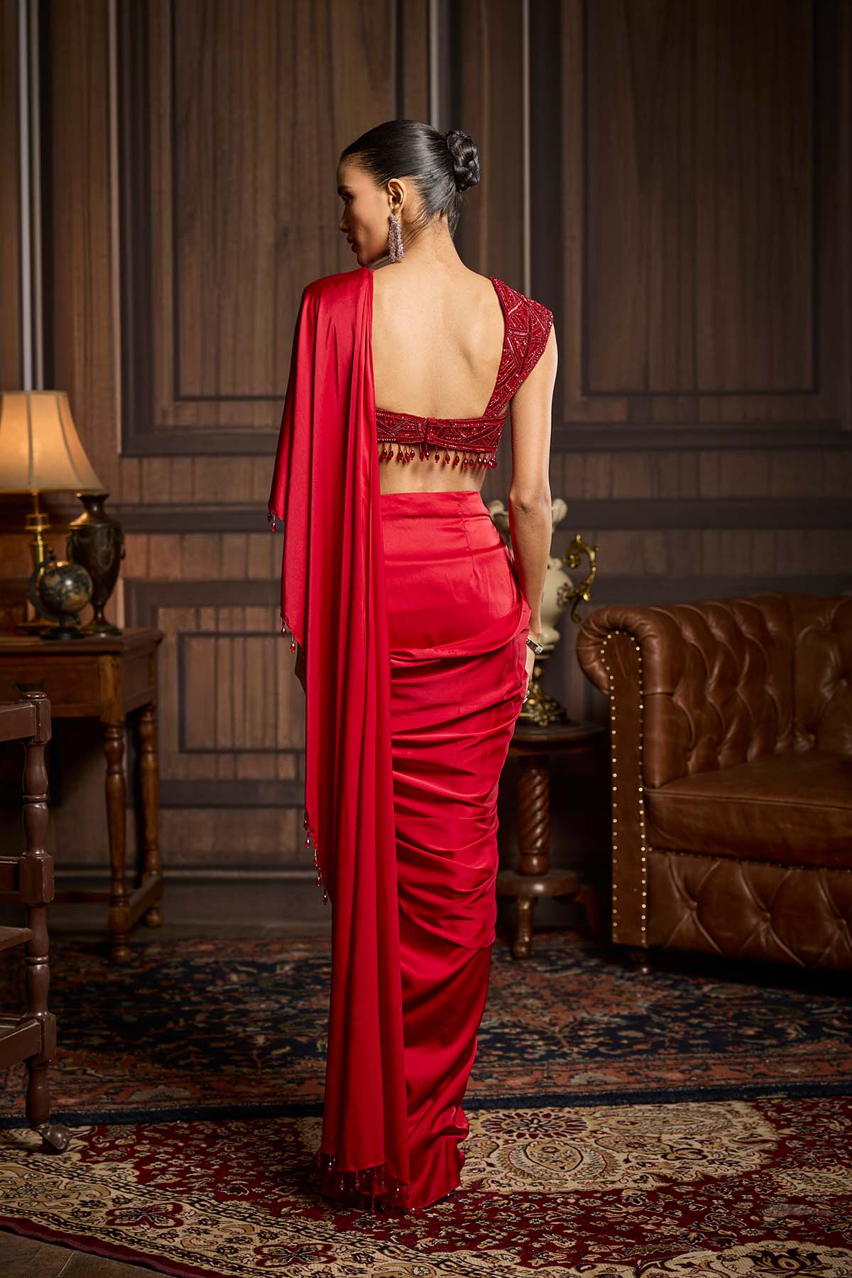 Red Embellished Blouse And Pre-Draped Dhoti Saree Set