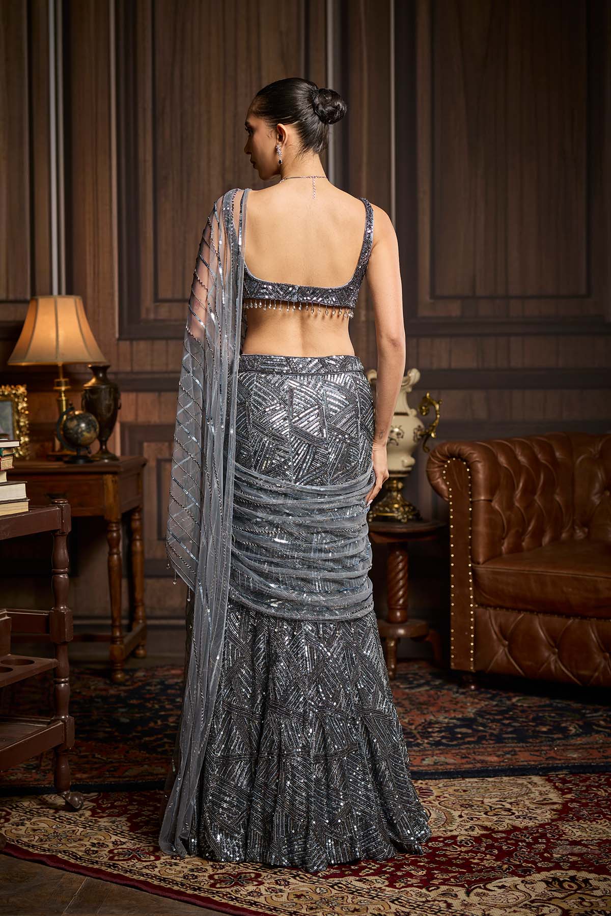 Gunmetal Embellished Pre-Draped Skirt Saree Set