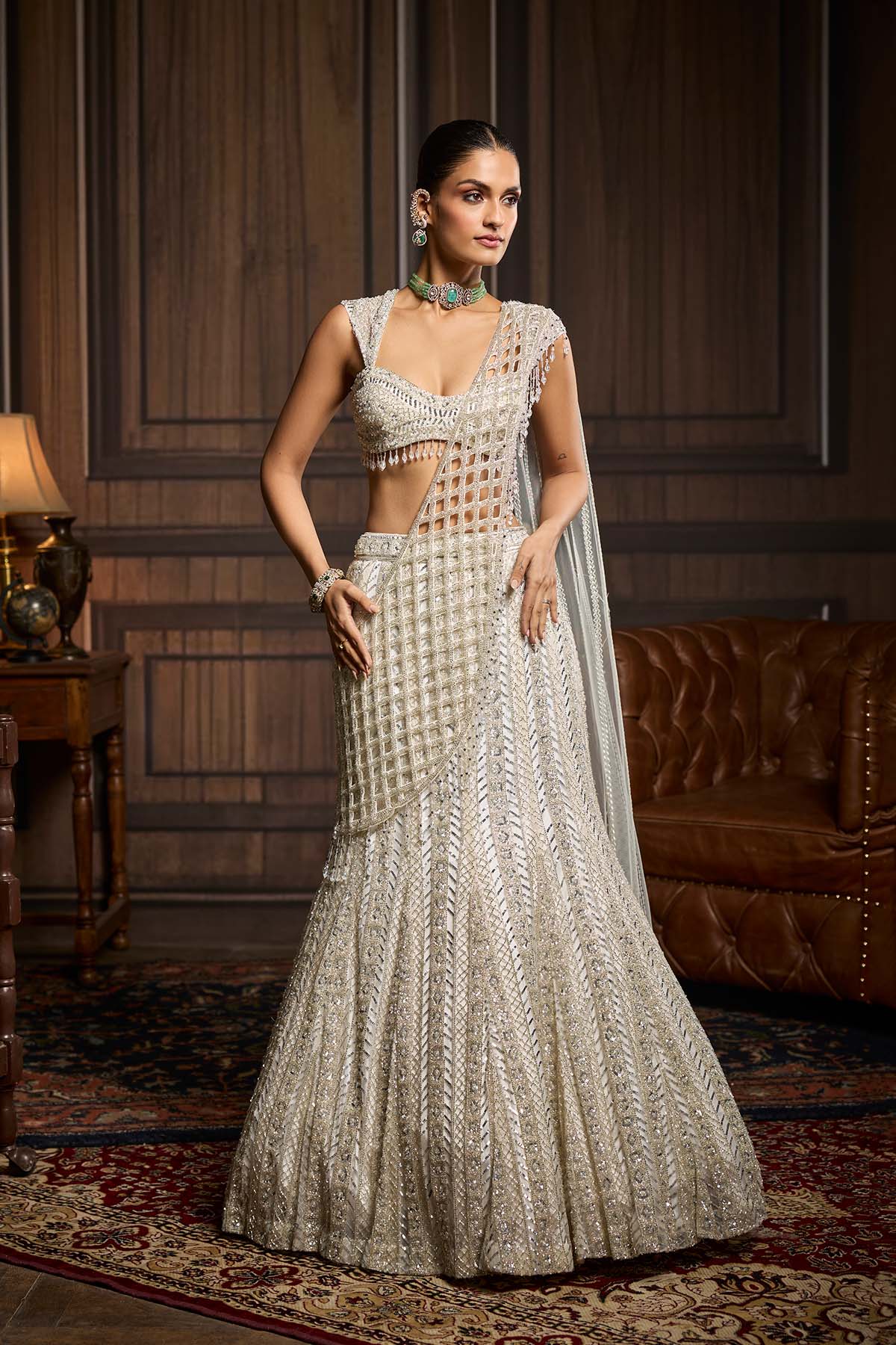 Silver Embellished Mermaid Skirt Saree Set