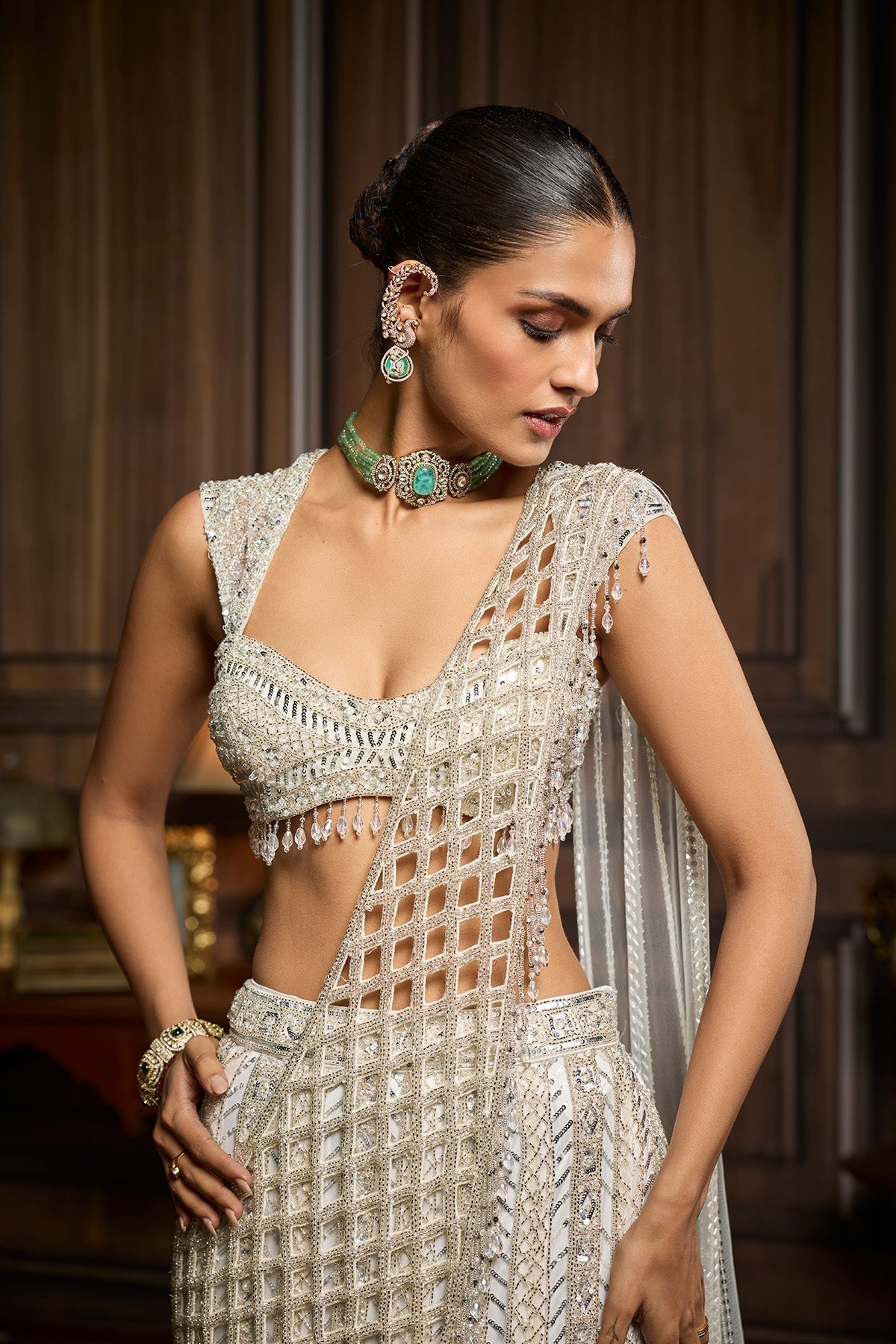 Silver Embellished Mermaid Skirt Saree Set - Ready To Ship