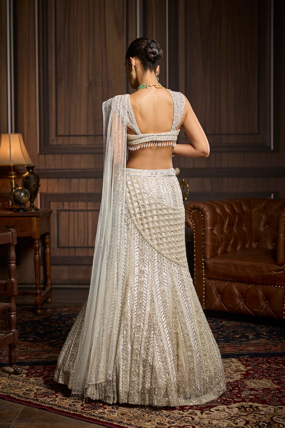 Silver Embellished Mermaid Skirt Saree Set