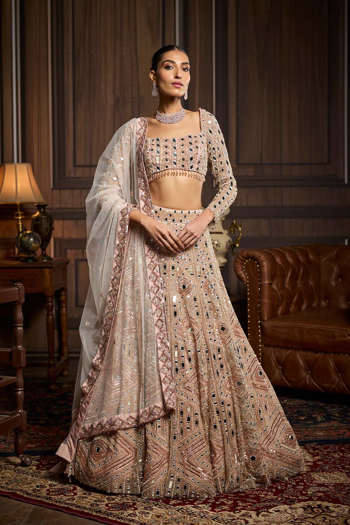 Blush Pink Embellished Mirrorwork Lehenga Set