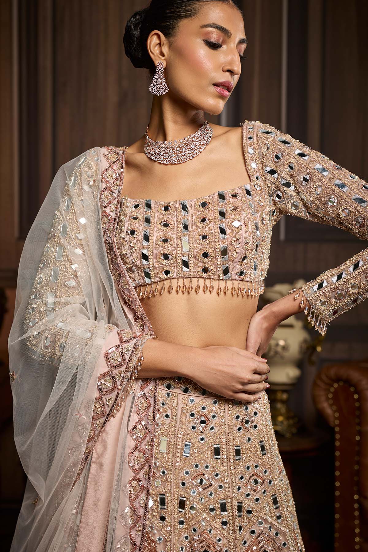 Blush Pink Embellished Mirrorwork Lehenga Set