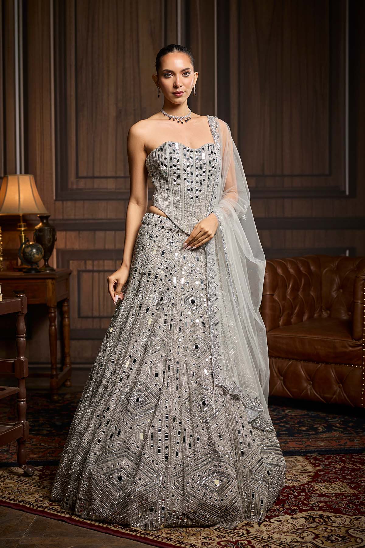 Silver Embellished Mirrorwork Lehenga Set