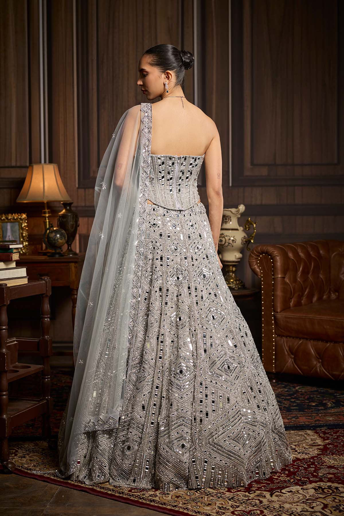 Silver Embellished Mirrorwork Lehenga Set