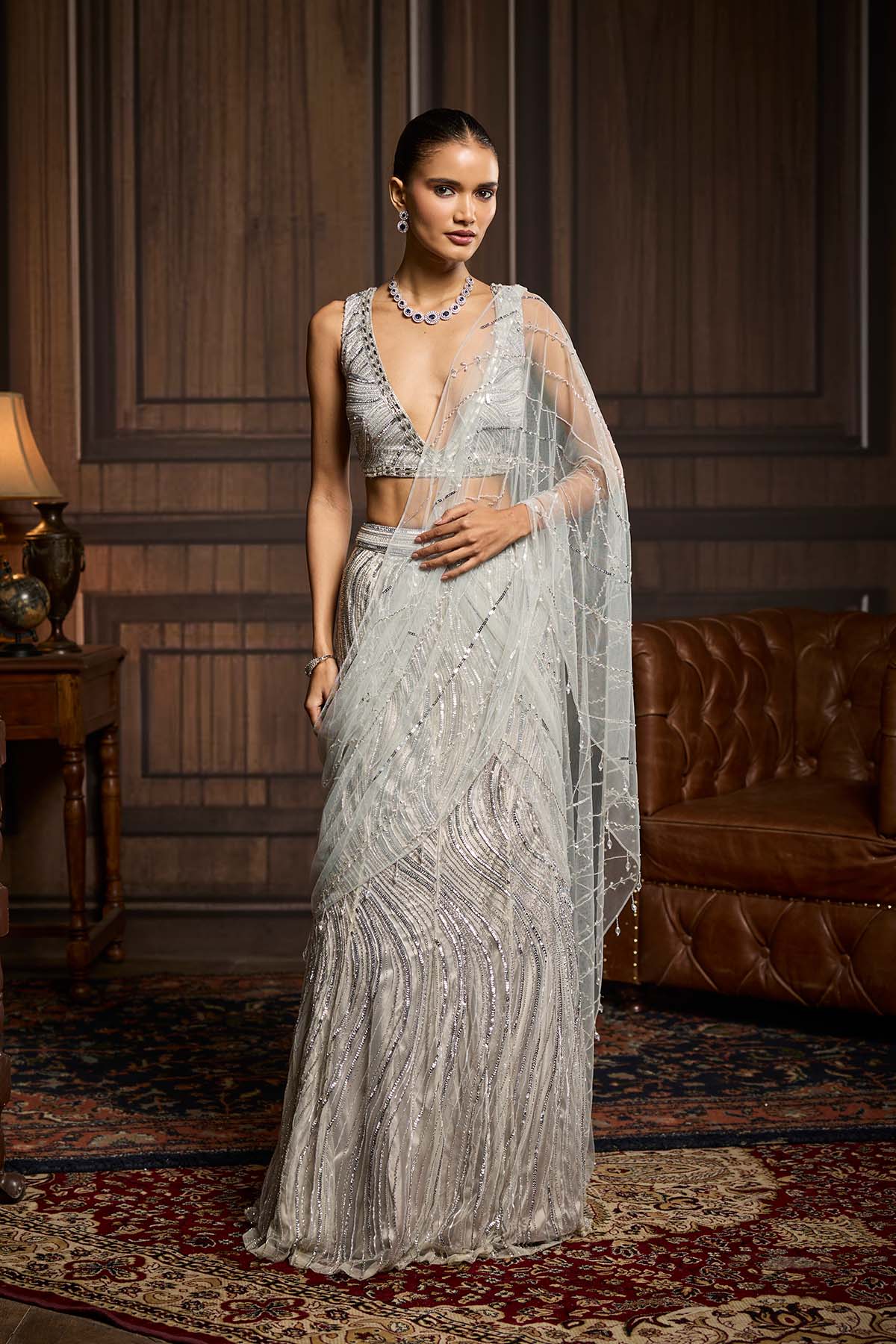 Silver Embellished Pre-Draped Skirt Saree Set