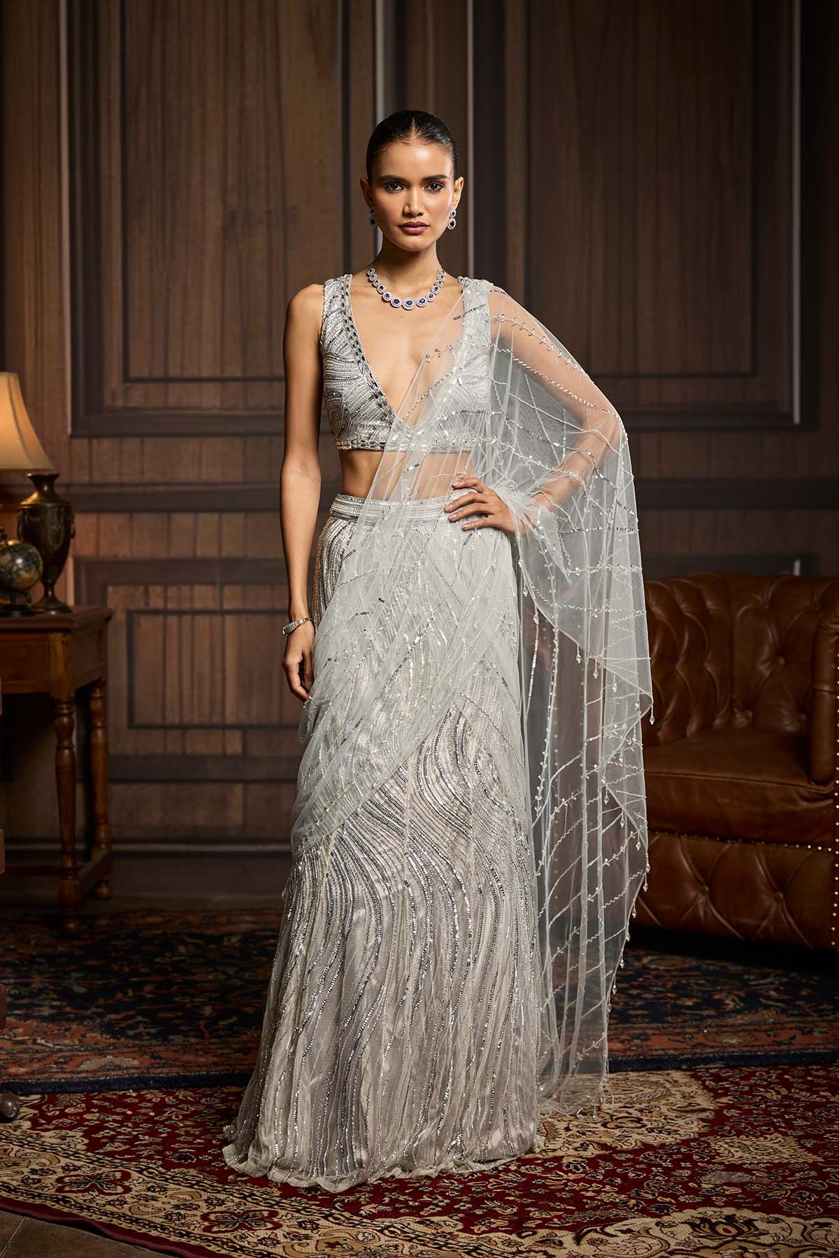 Silver Embellished Pre-Draped Skirt Saree Set