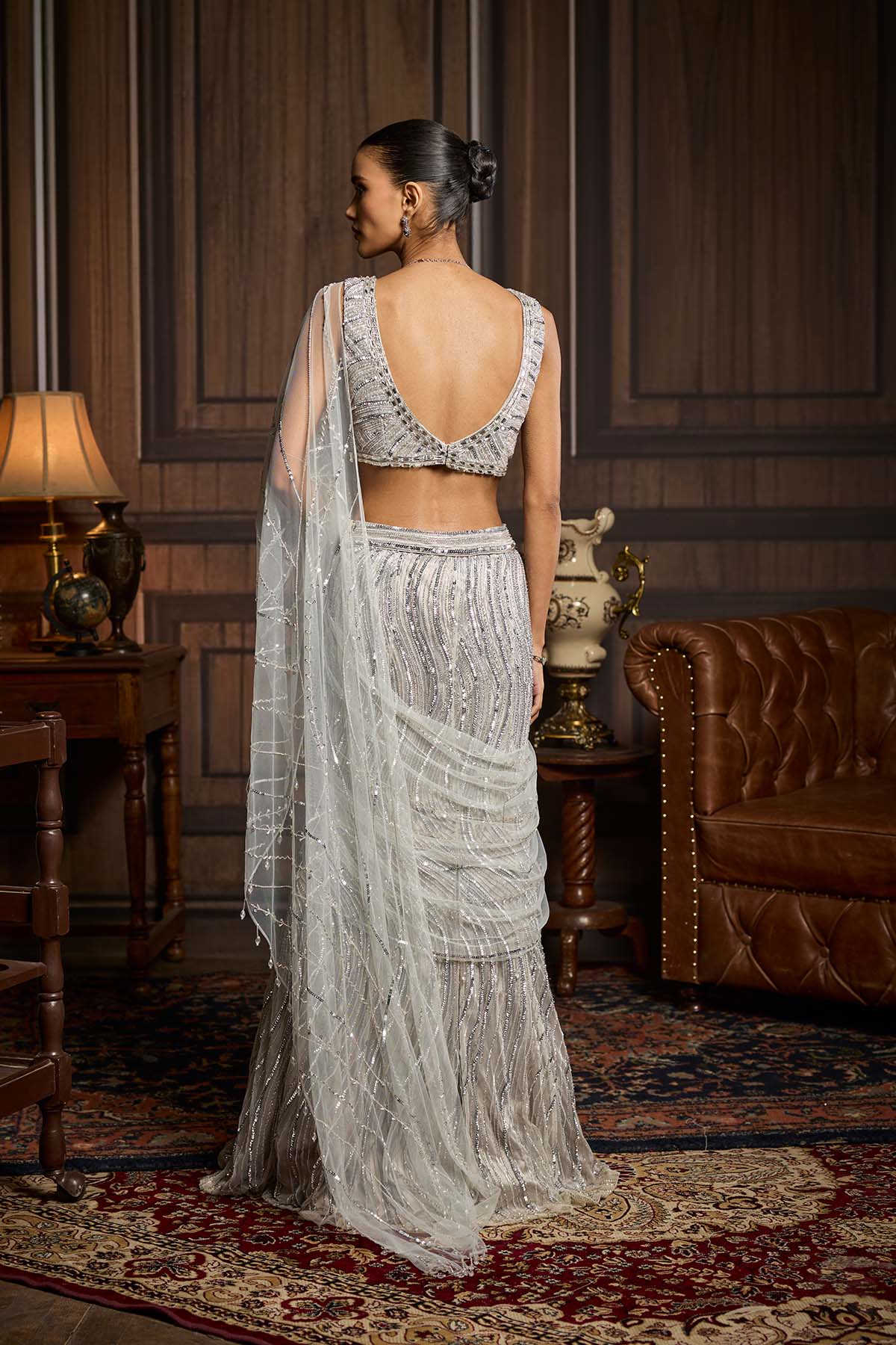 Silver Embellished Pre-Draped Skirt Saree Set
