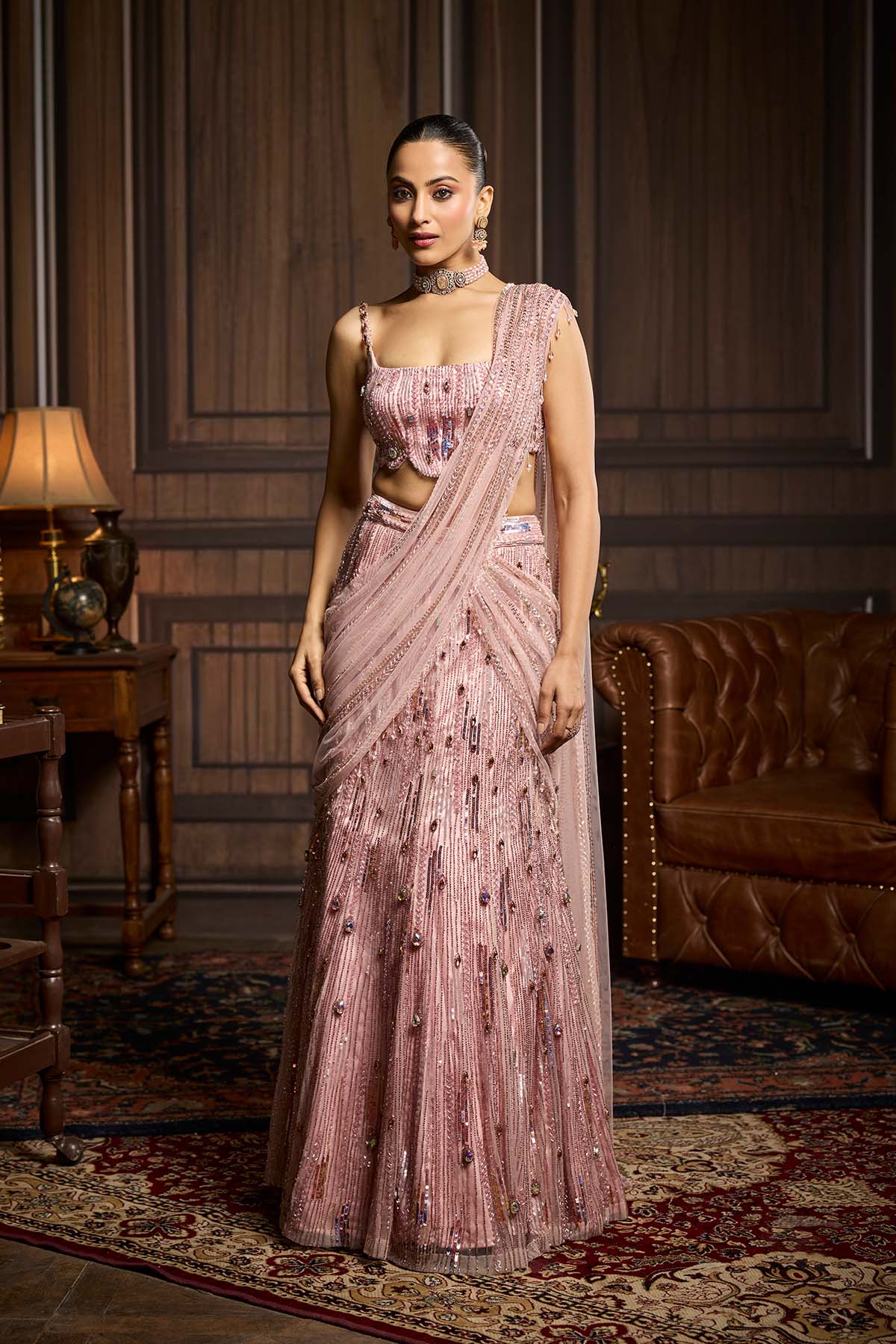 Blush Pink Embellished Pre-Draped Skirt Saree Set