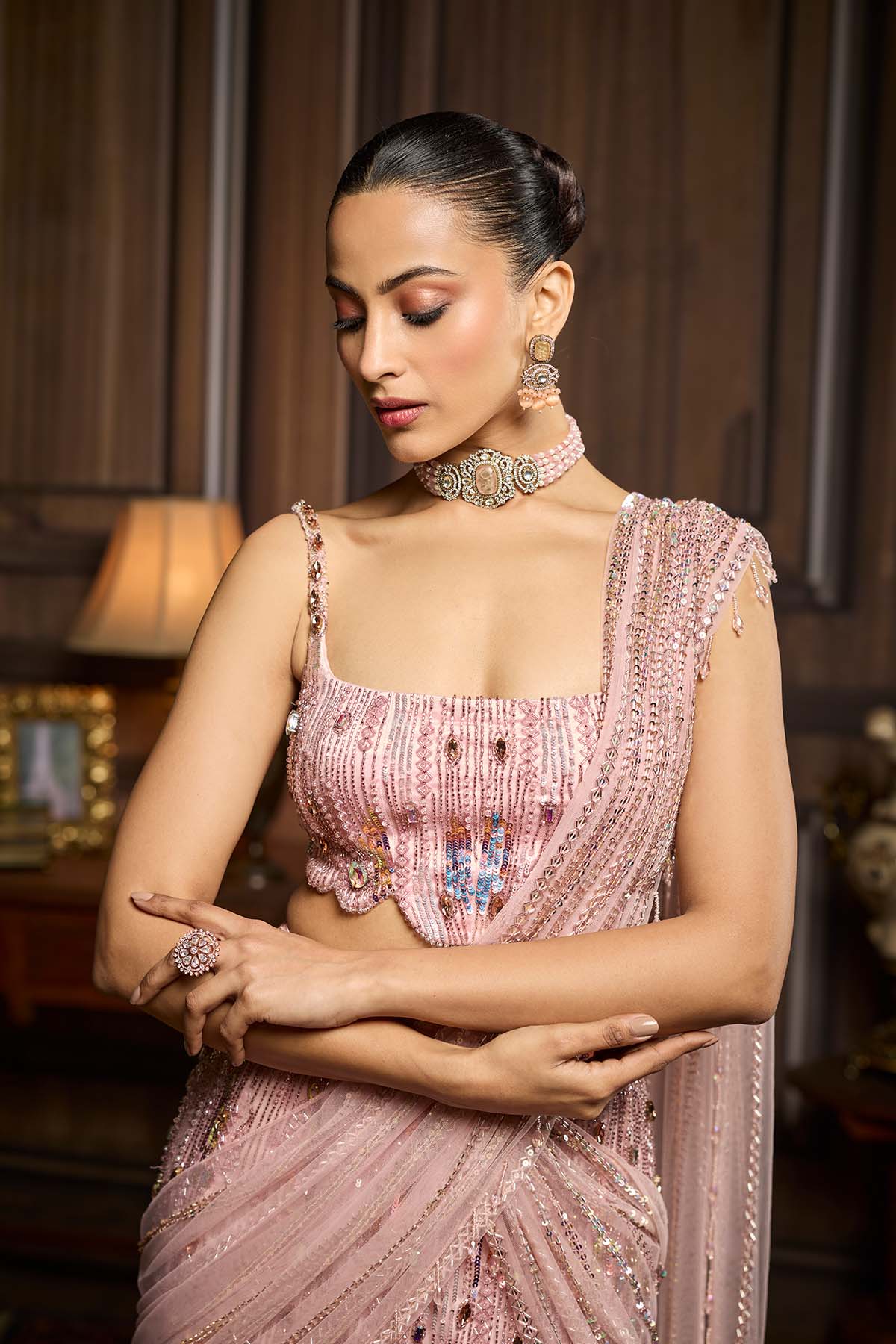 Blush Pink Embellished Pre-Draped Skirt Saree Set