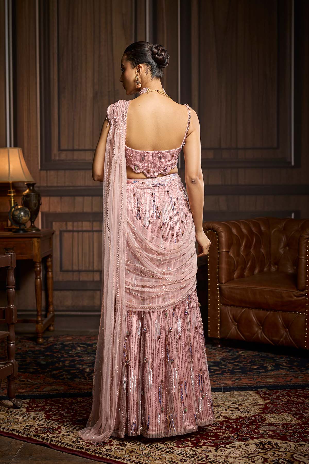 Blush Pink Embellished Pre-Draped Skirt Saree Set