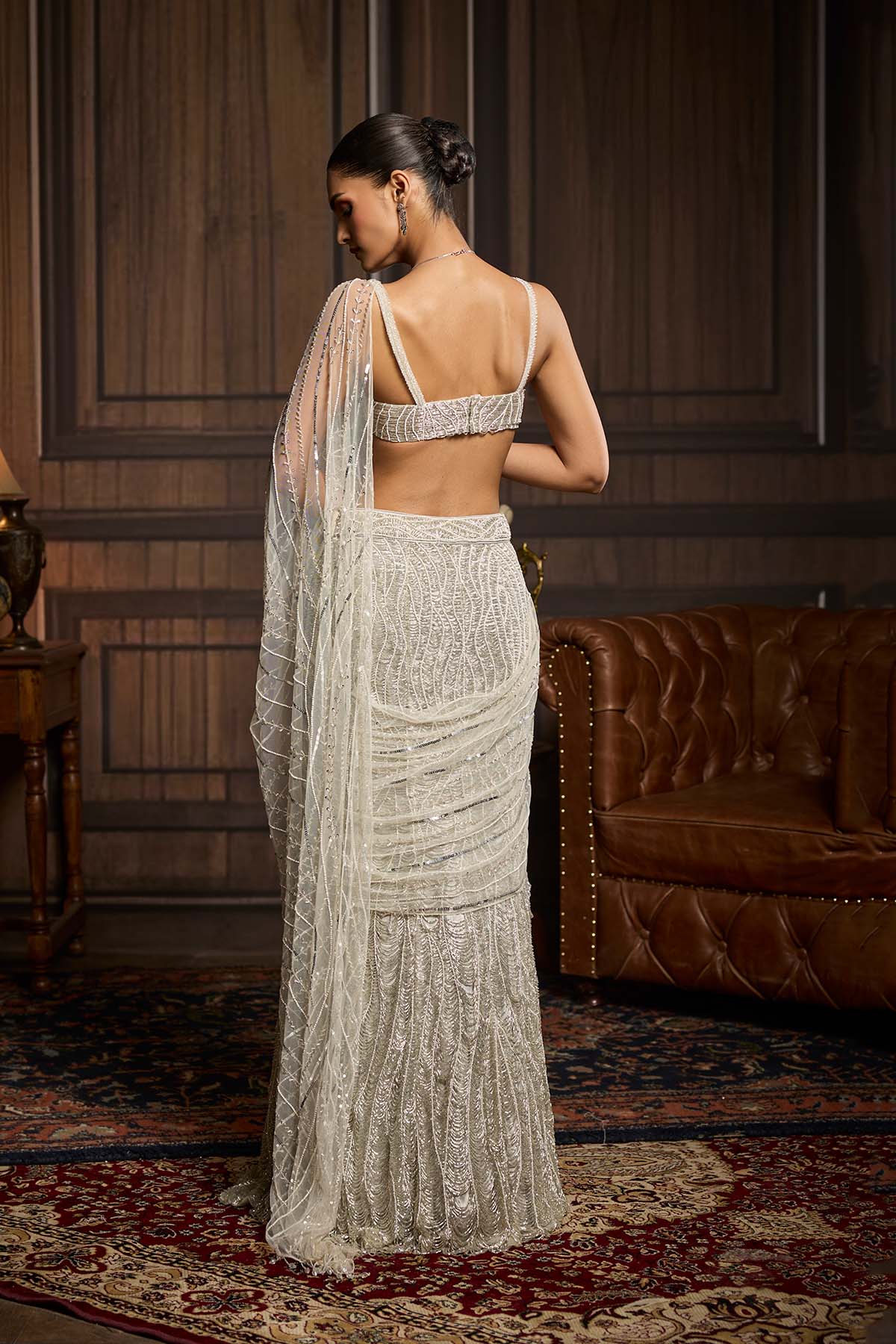 Silver Fully Embellished Pre-Draped Skirt Saree Set