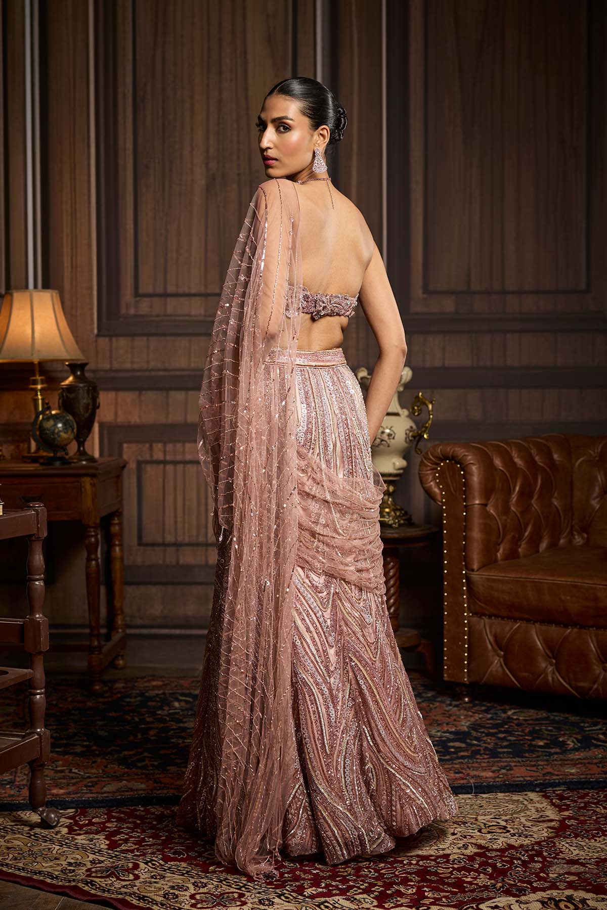 Blush Pink Embellished Pre-Draped Skirt Saree Set