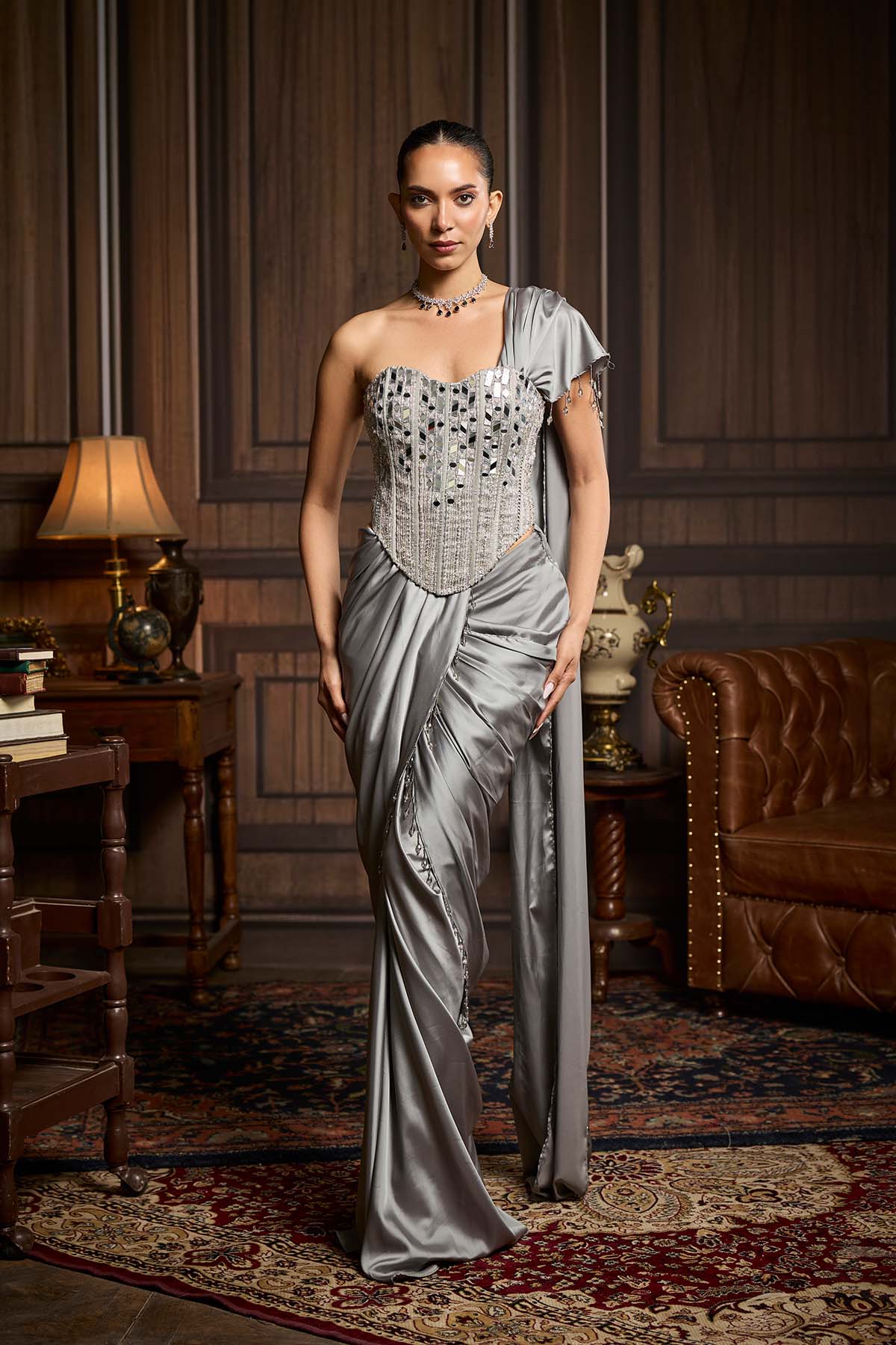 Silver Embellished Blouse And Pre Draped Saree Set