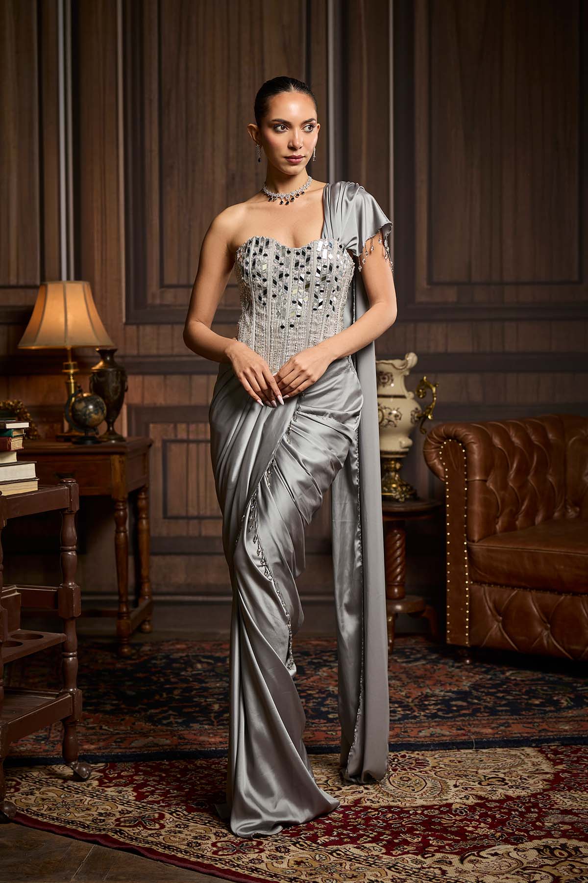 Silver Embellished Blouse And Pre Draped Saree Set