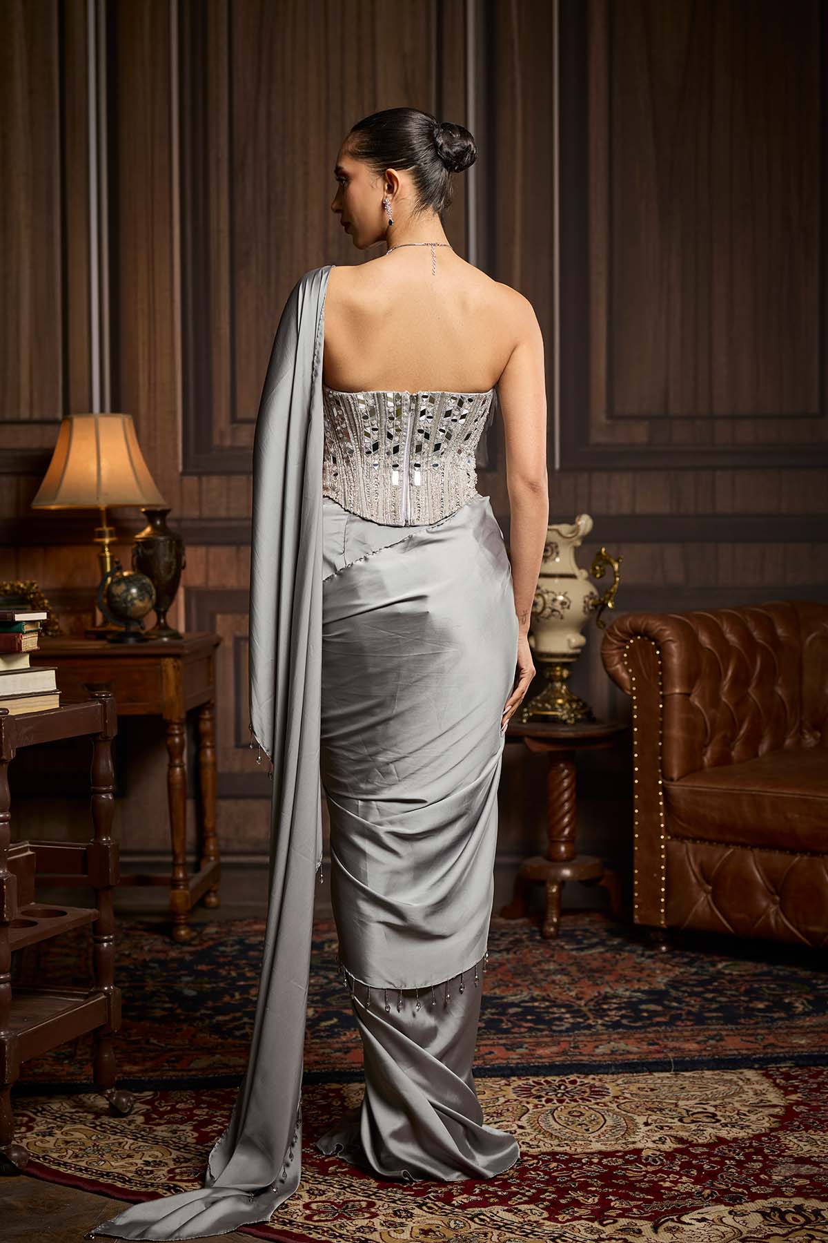 Silver Embellished Blouse And Pre Draped Saree Set